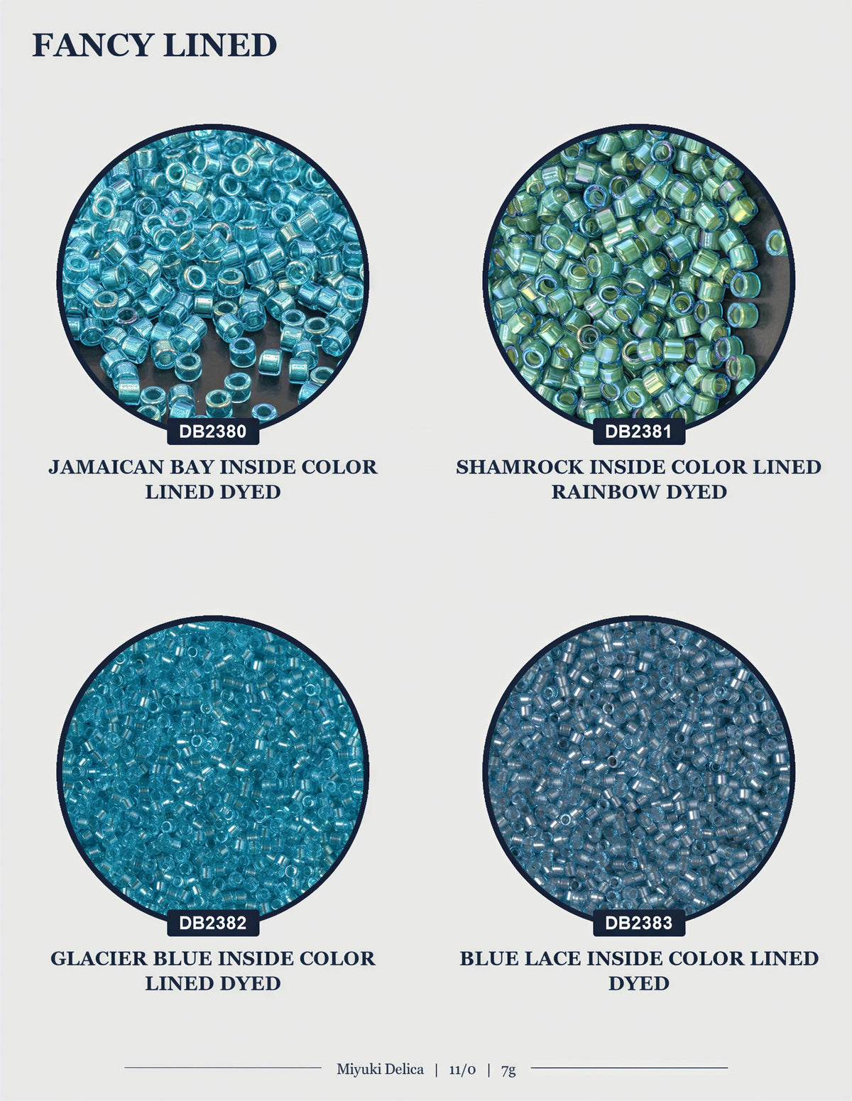 four different colored beads, each with a unique color and texture. The beads are arranged in a grid format, with two rows and two columns. The first row features beads in shades of blue, green, and purple, while the second row displays beads in shades of blue, green, and purple. The beads are lined up, and the image does not contain any text or additional objects.