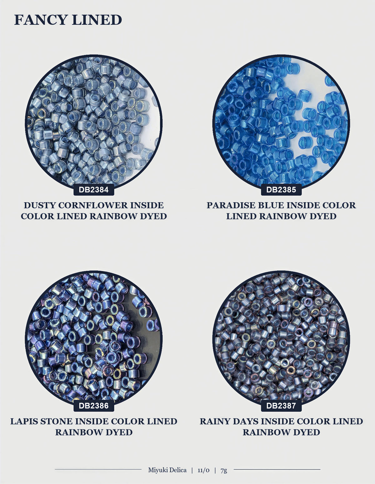 The image is a collage of four images showing different types of beads, including dusty cornflower beads, lined rainbow beads, lapis stone beads, and rain-colored beads.