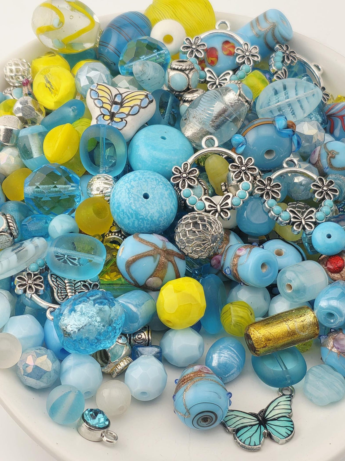 Aqua and Yellow Glass, Stone & Metal Bead Soup Mix: Colorful Glass Beads (56g Hand-Blended)