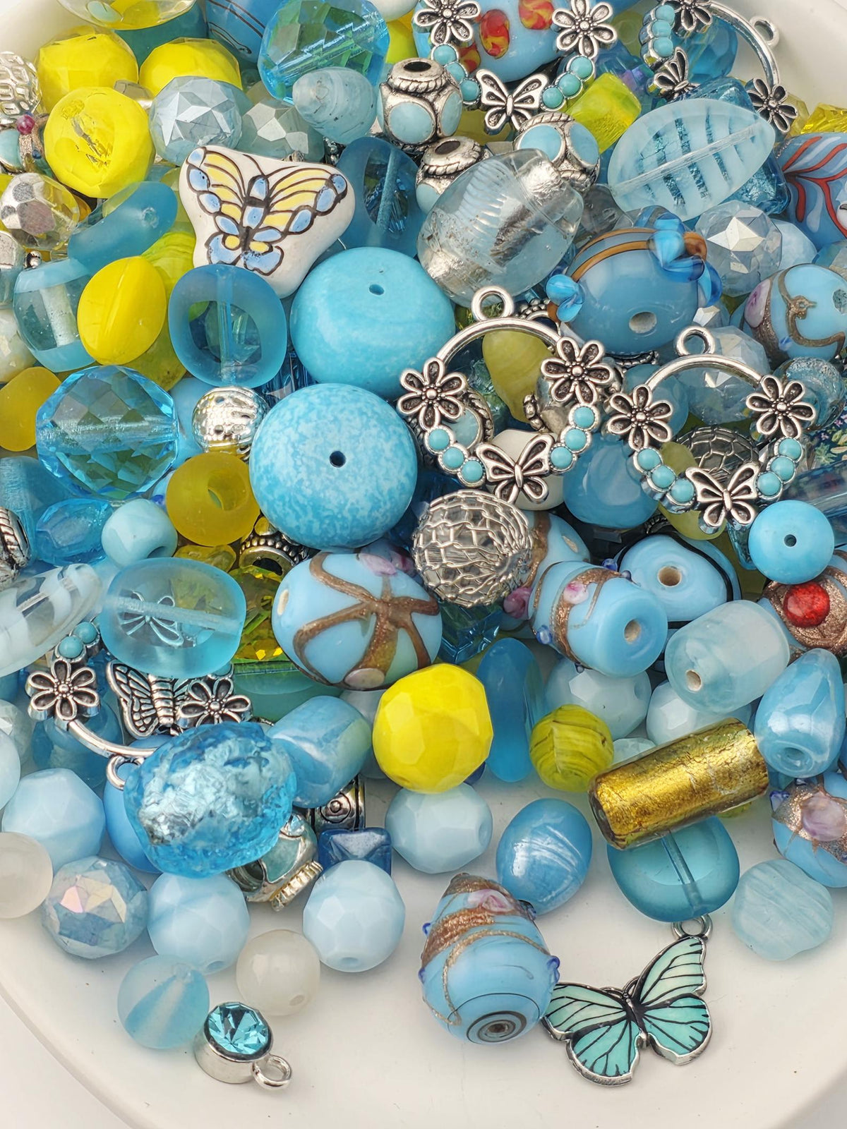 Aqua and Yellow Glass, Stone & Metal Bead Soup Mix: Colorful Glass Beads (56g Hand-Blended)