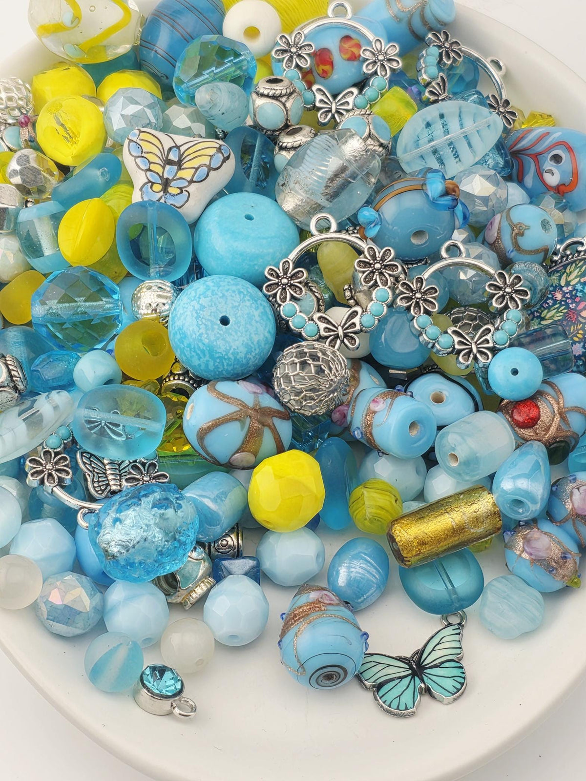 Aqua and Yellow Glass, Stone & Metal Bead Soup Mix: Colorful Glass Beads (56g Hand-Blended)