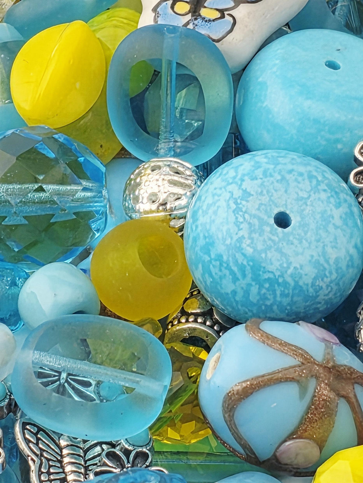 Aqua and Yellow Glass, Stone & Metal Bead Soup Mix: Colorful Glass Beads (56g Hand-Blended)