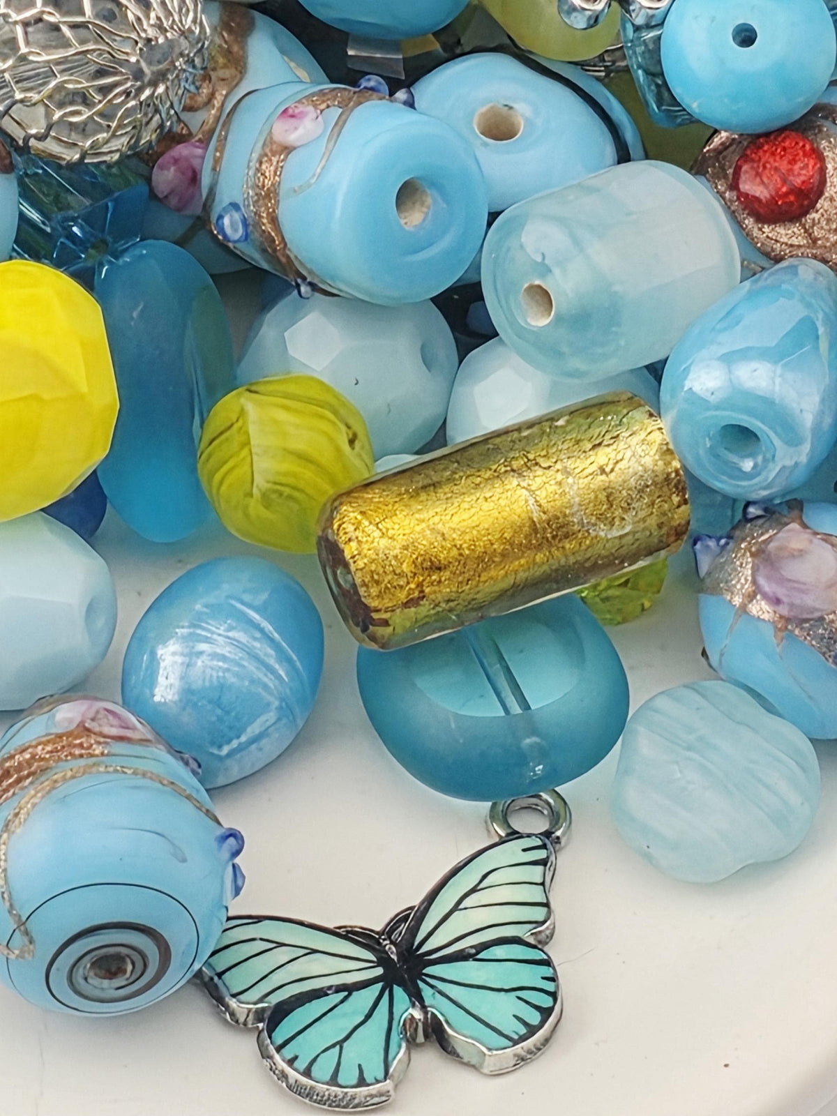 Aqua and Yellow Glass, Stone & Metal Bead Soup Mix: Colorful Glass Beads (56g Hand-Blended)