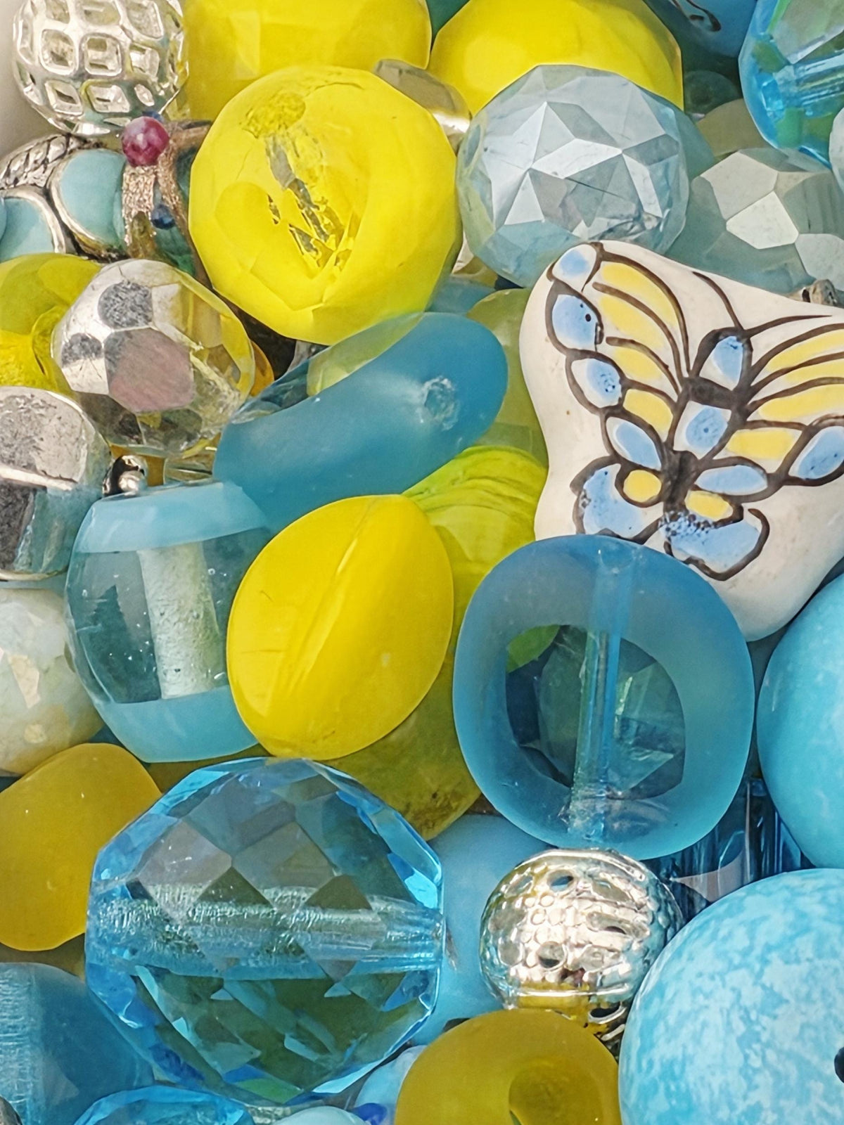 Aqua and Yellow Glass, Stone & Metal Bead Soup Mix: Colorful Glass Beads (56g Hand-Blended)
