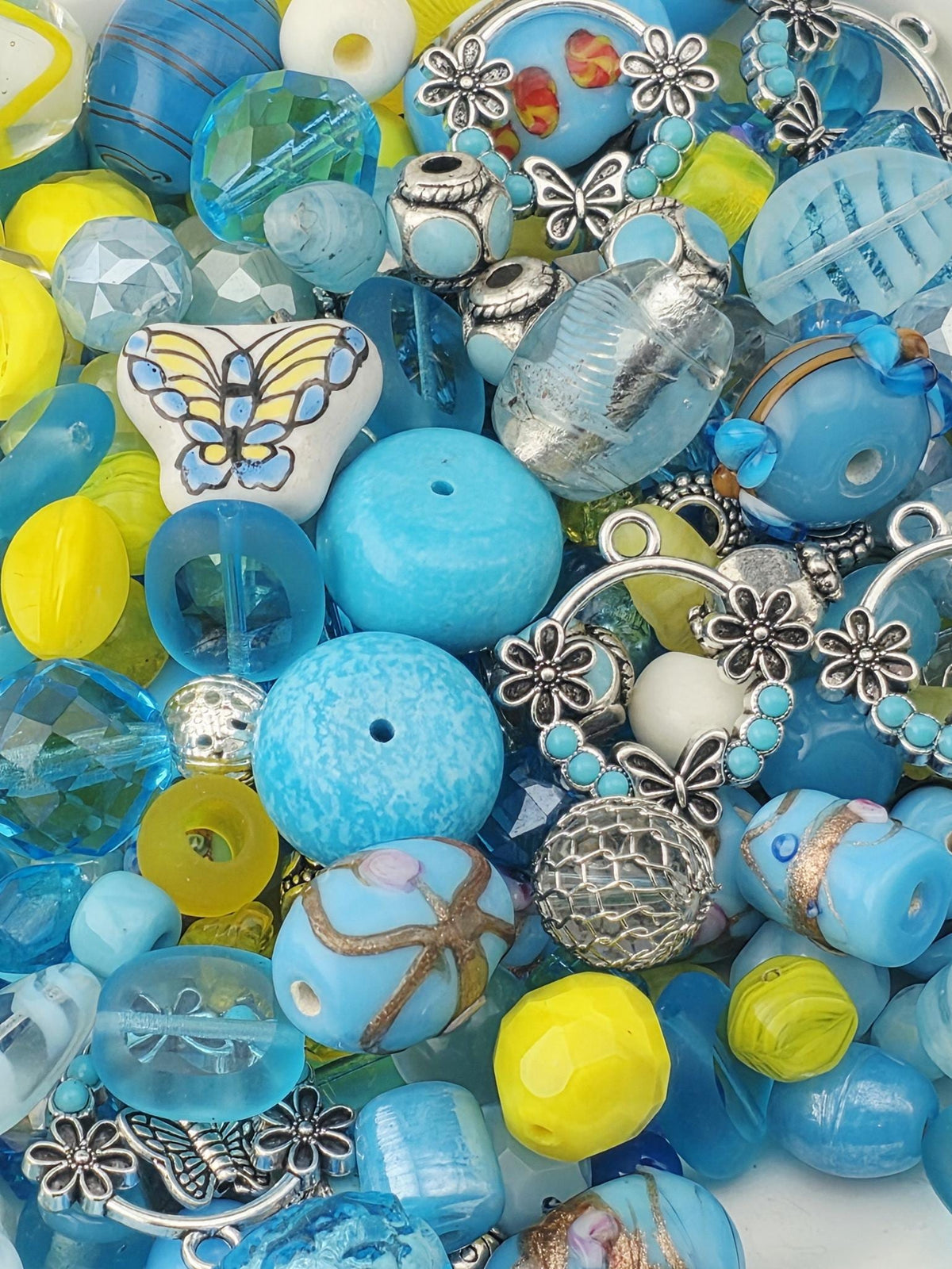 Aqua and Yellow Glass, Stone & Metal Bead Soup Mix: Colorful Glass Beads (56g Hand-Blended)
