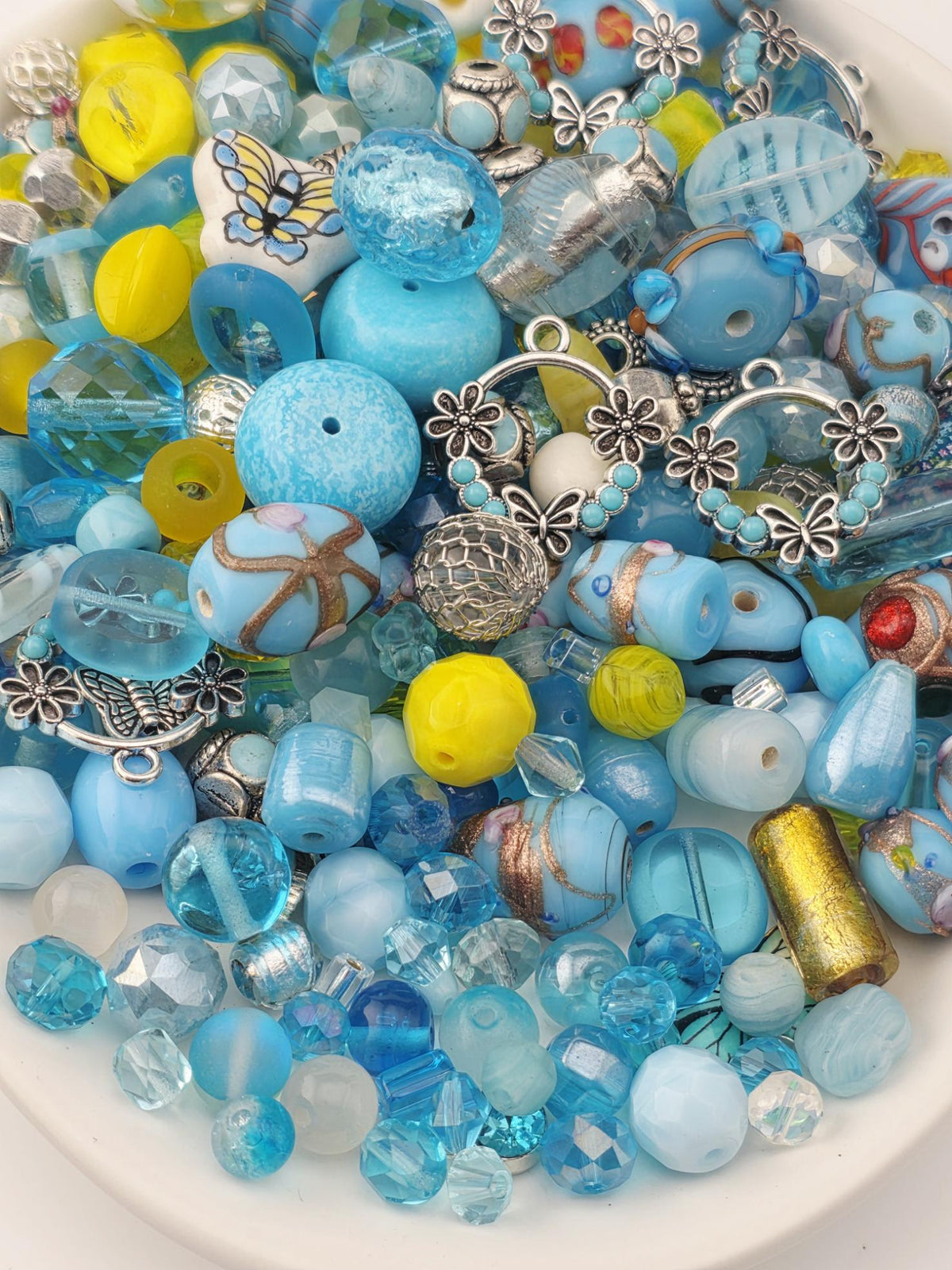 Aqua and Yellow Glass, Stone & Metal Bead Soup Mix: Colorful Glass Beads (56g Hand-Blended)