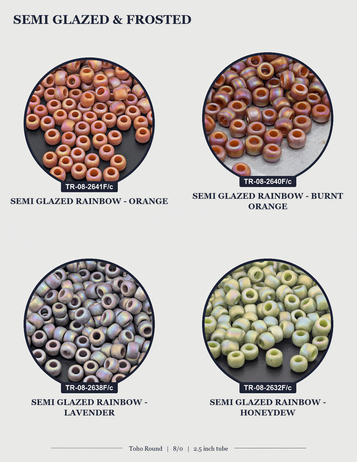 four circular images, each displaying a different type of semi-glazed and frosted bead. The beads are arranged in a grid-like pattern, with each row representing a different color and type of bead. The images show the beads in various colors and sizes, including orange, red, green, and yellow.