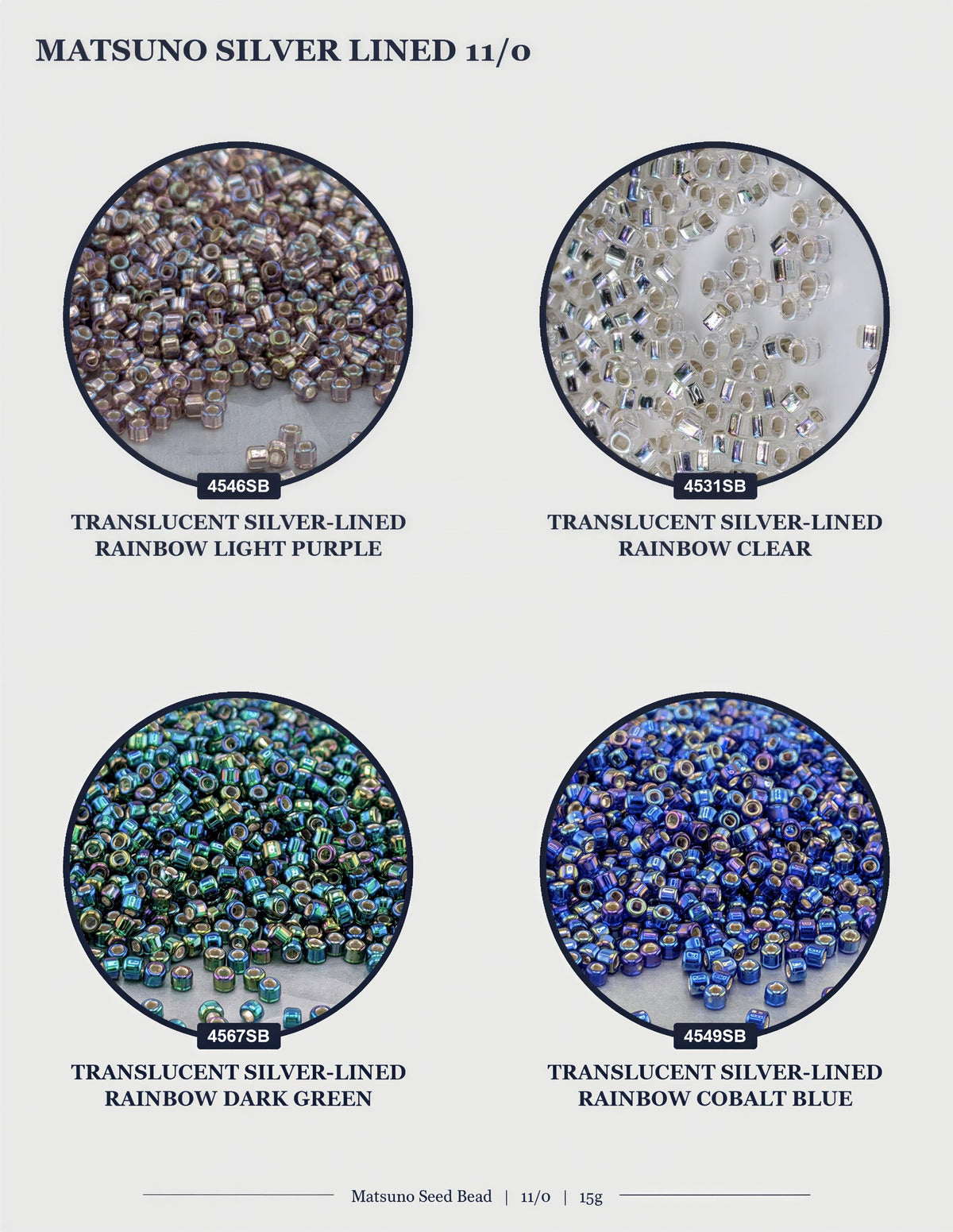 four circular images, each displaying a different colored bead. The first image shows a pile of multicolored beads, the second image shows a pile of multicolored beads with a clear background, the third image shows a pile of multicolored beads with a silver background, and the fourth image shows a pile of multicolored beads with a blue background.