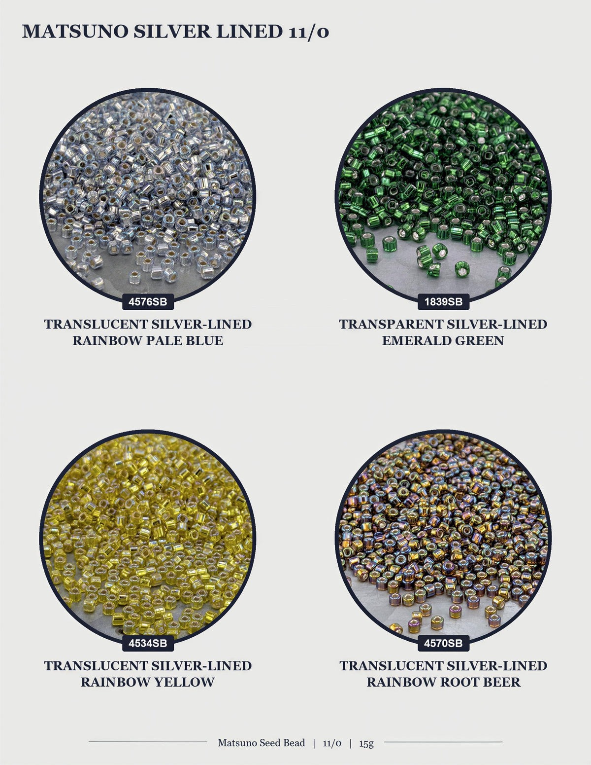 four circular images, each displaying a different colored bead, including silver, rainbow, yellow, and root beer beads.