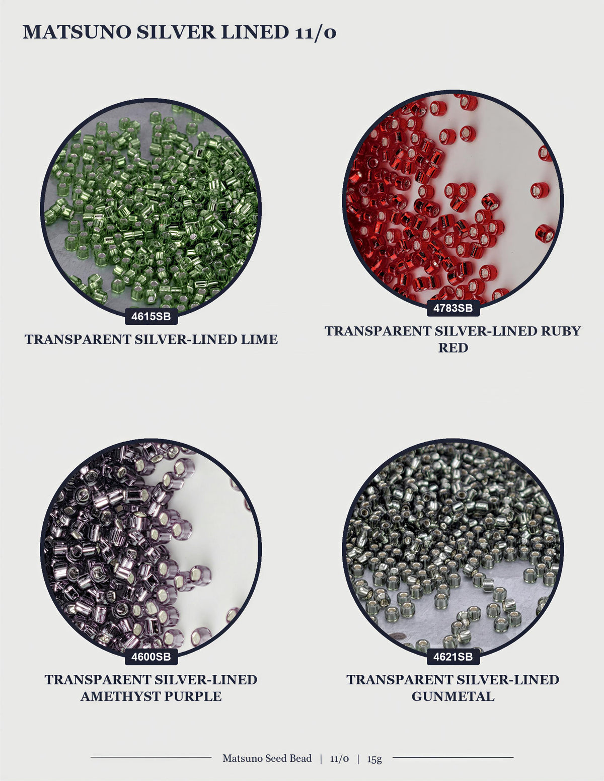 four different images of Matsuo Silver Lined 11/0 beads, each with a unique color and size.