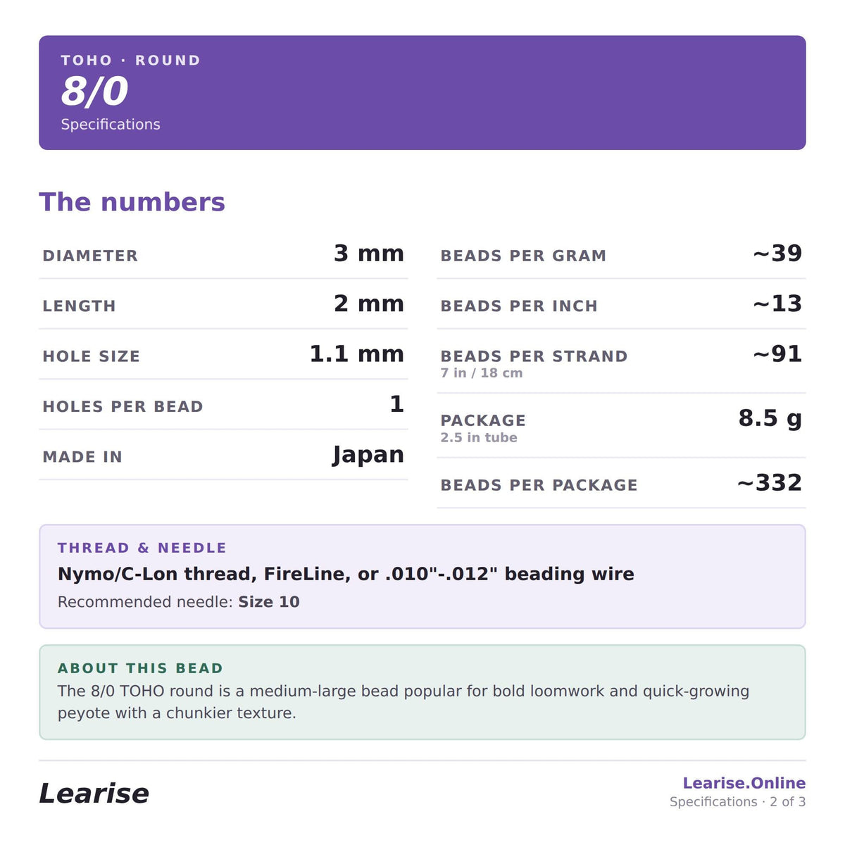 specifications for a round 8/0 to ho round 8/0 beading wire, including details such as bead size, bead per gram, hole size, and package size.