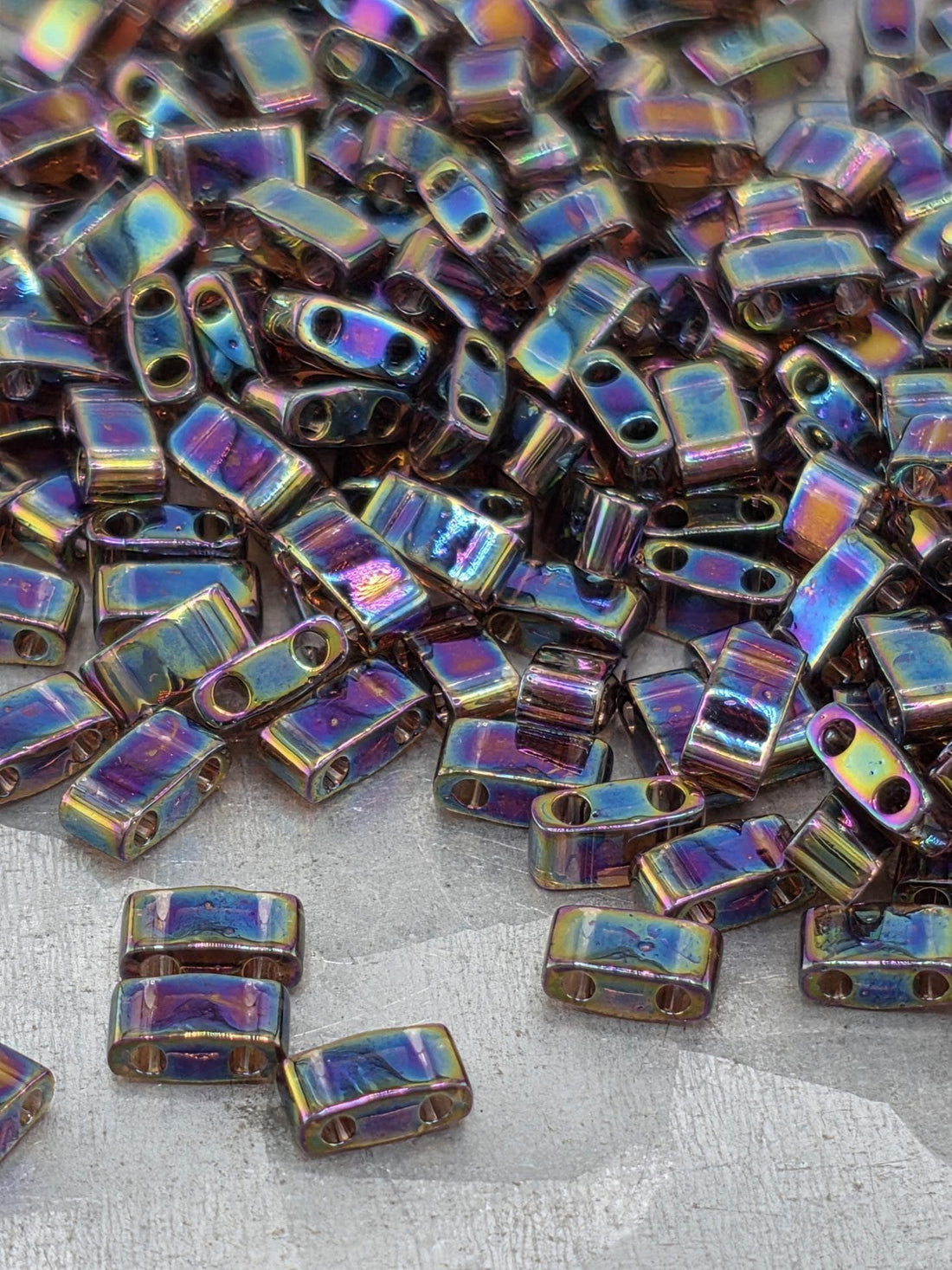 Miyuki Half Tila Beads, Dark Amethyst | Translucent Rainbow Glass - 2.3mm Two Hole Flat Square