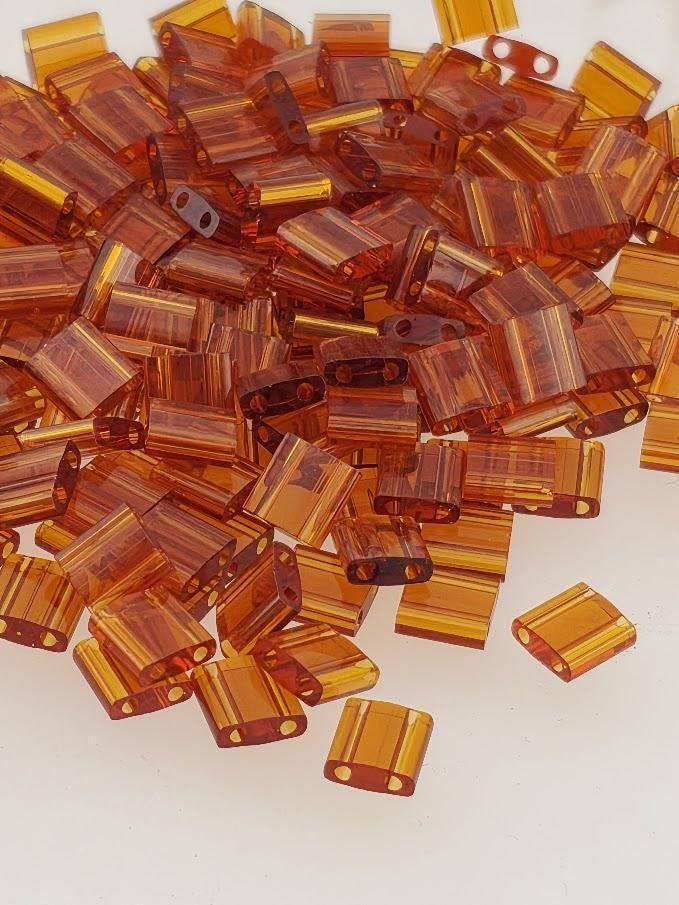 Miyuki Tila Beads, Dark Amber Translucent, Two Hole Flat Squares | 7.5G | Beading Supply