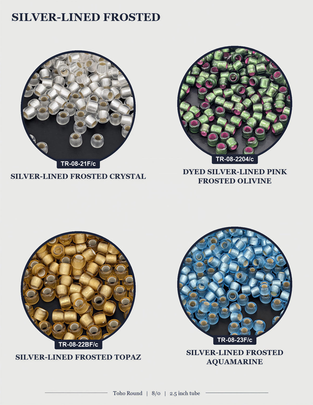 four circular images, each displaying a different type of silver-lined frosted beads. The first image shows a pile of silver-lined frosted crystal beads. The second image shows a pile of silver-lined frosted pink beads. The third image shows a pile of silver-lined frosted oliveine beads. The fourth image shows a pile of silver-lined frosted topaz beads.
