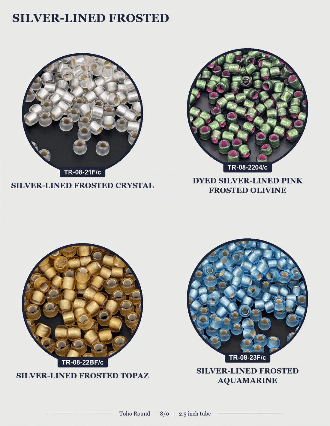The image is a collage of various images, including close-up shots of silver-lined frosted beads and a selection of colorful beads. The collage is titled "TOHO" and includes options for choosing from 14 color options.