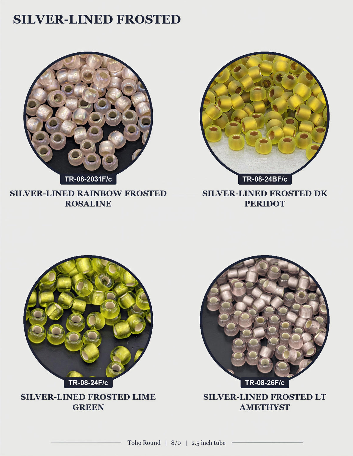 four circular images, each displaying a different type of silver-lined frosted beads. The first image shows a collection of silver-lined rainbow-frosted Rosaline beads. The second image shows a collection of silver-lined frosted DK Peridot beads. The third image shows a collection of silver-lined frosted lime green beads. The fourth image shows a collection of silver-lined frosted green Amethyst beads.