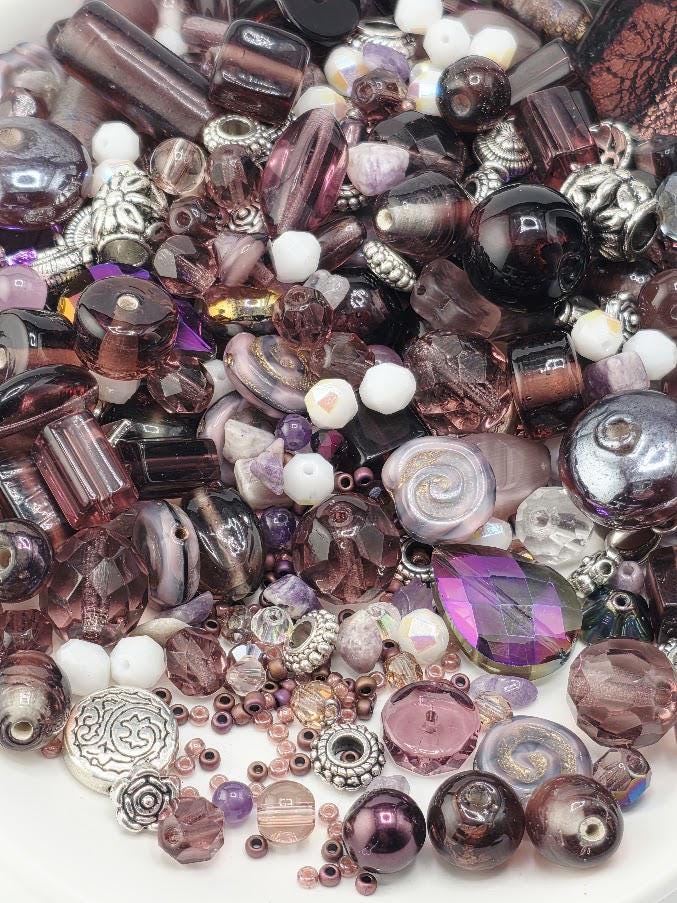 1 Gemstone Bead Mix: Purple Lavender Shades - Amethyst & Glass