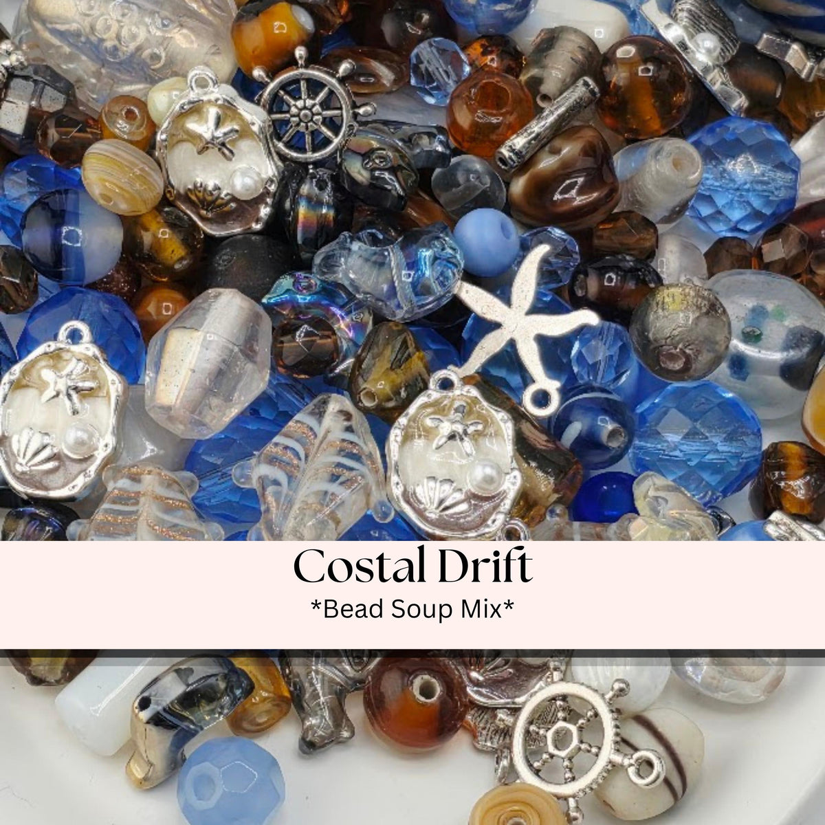 1 Glass Bead Mix: Sandy Oceans Blue, Brown & White - Nautical Charms