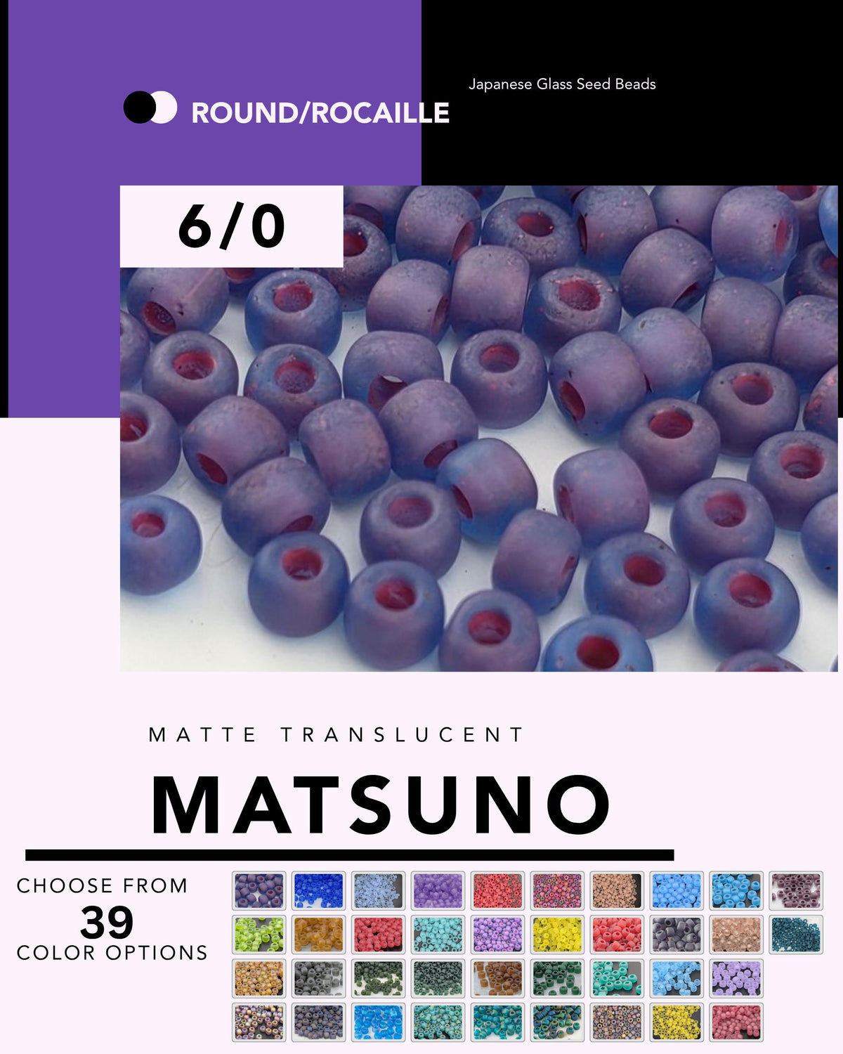The image is a collage of various images featuring Japanese glass seed beads in different colors, including purple, blue, and green.