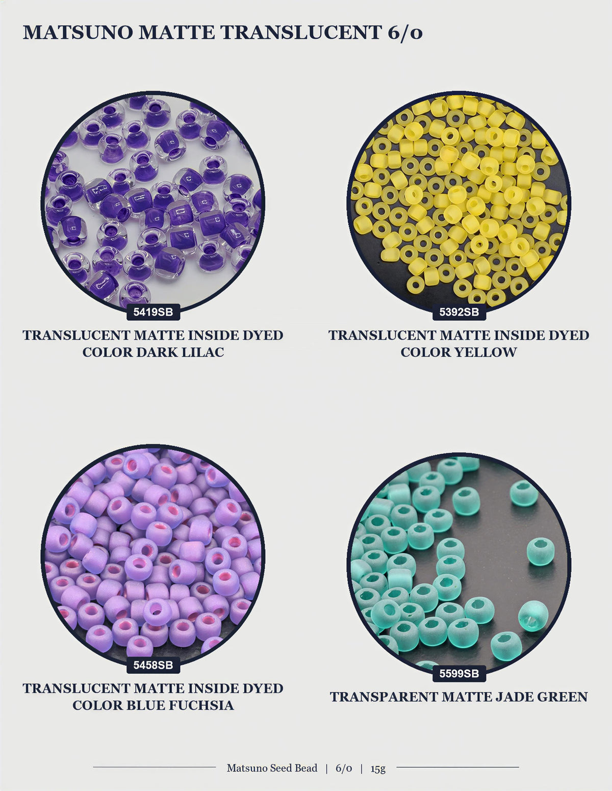 four different types of Matsuo Seed beads, each with a unique color and texture. The beads are arranged in a circular pattern, showcasing the variety of colors and patterns available.