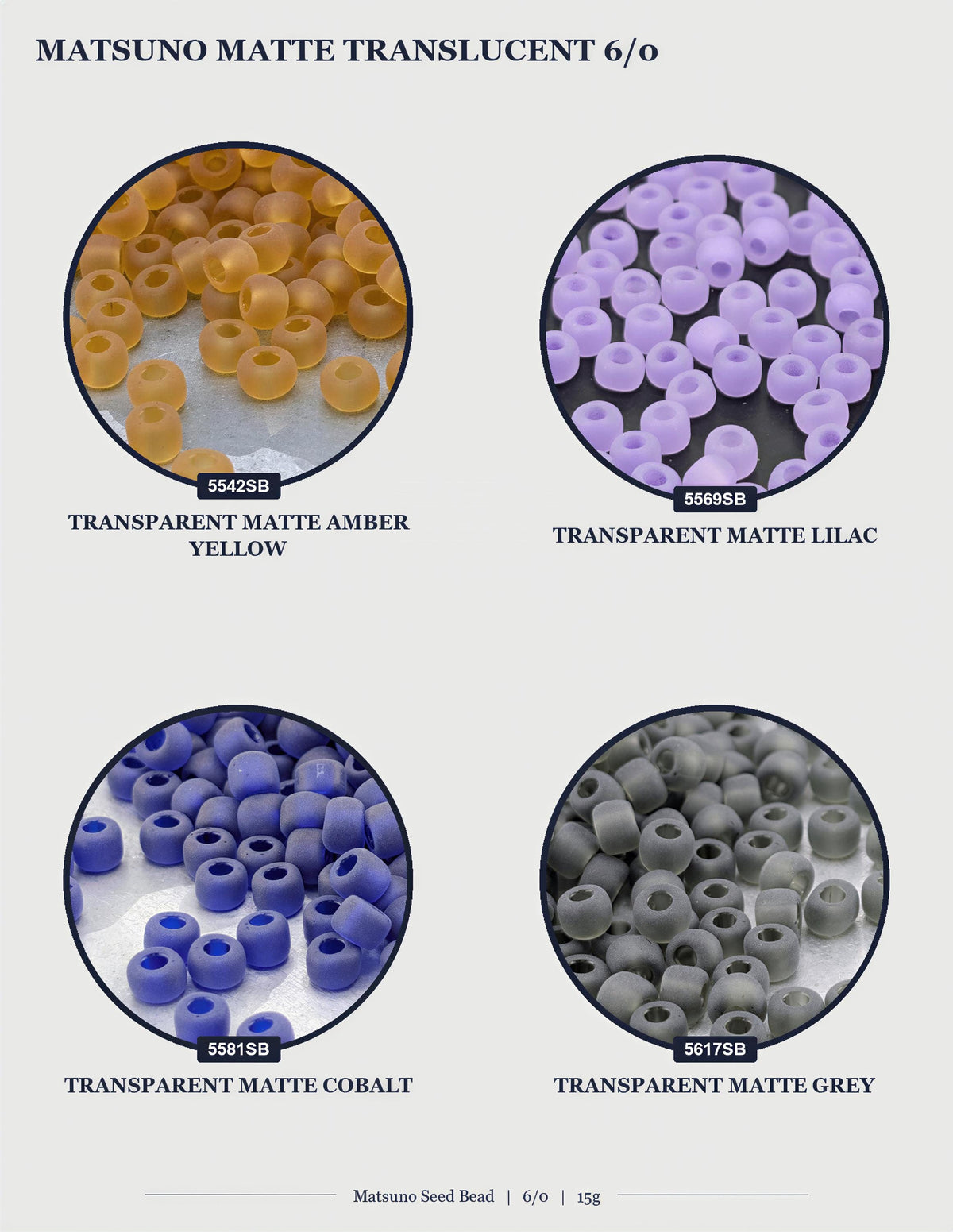 four circular images, each displaying a different color of Matsuo seed beads. The first image shows yellow beads, the second image shows purple beads, the third image shows blue beads, and the fourth image shows grey beads.