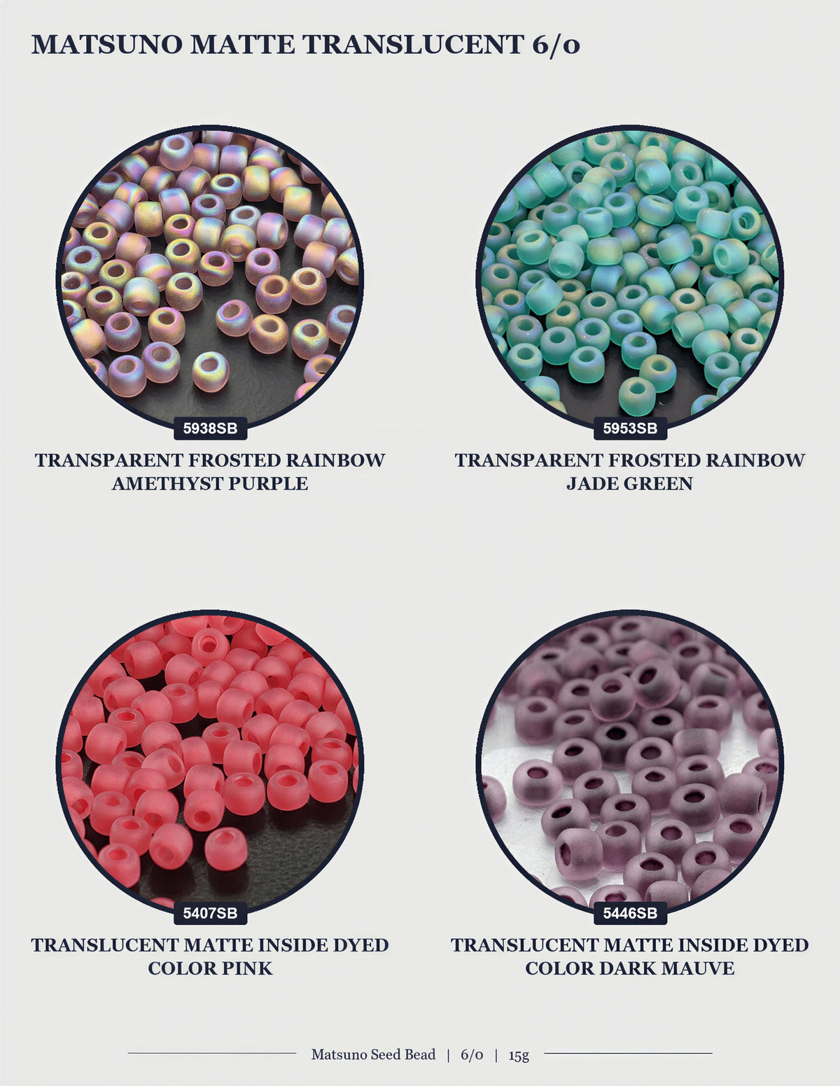 four circular images, each displaying a different type of Matsuo seed bead. The beads are transparent, frosted, and frosted in various colors, including pink, purple, green, and dark purple.