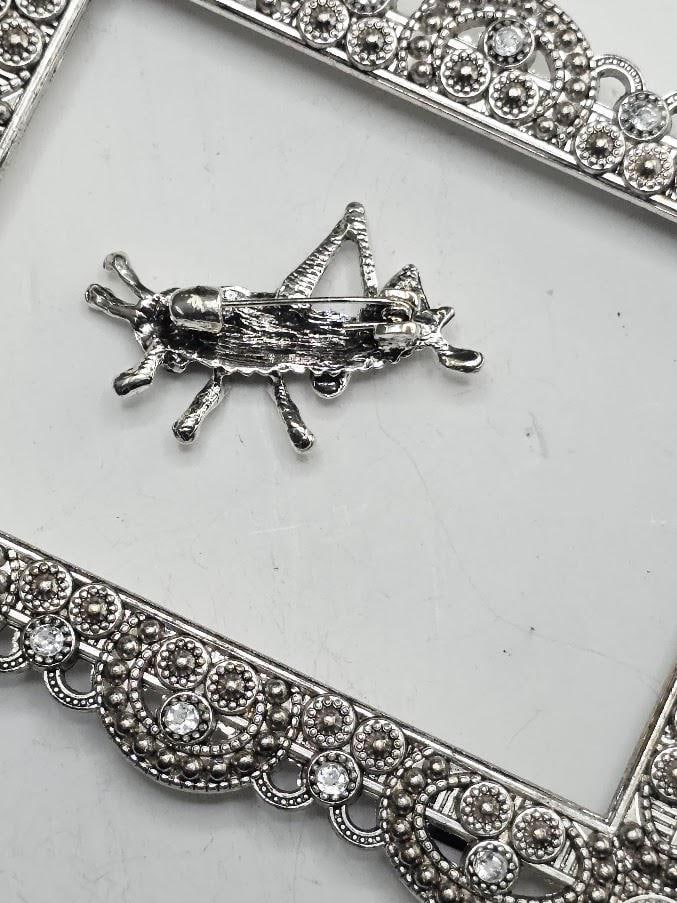 a silver brooch in the shape of a grasshopper, which is displayed on a white surface.