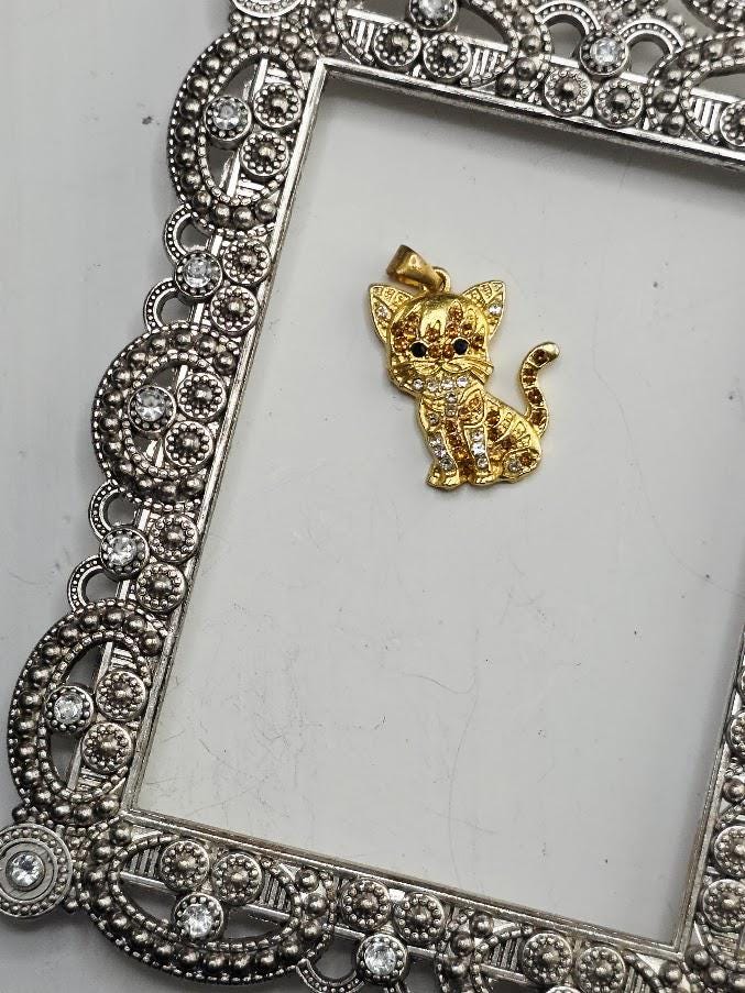 A gold-colored cat pendant is displayed within an ornate, decorative metal frame.