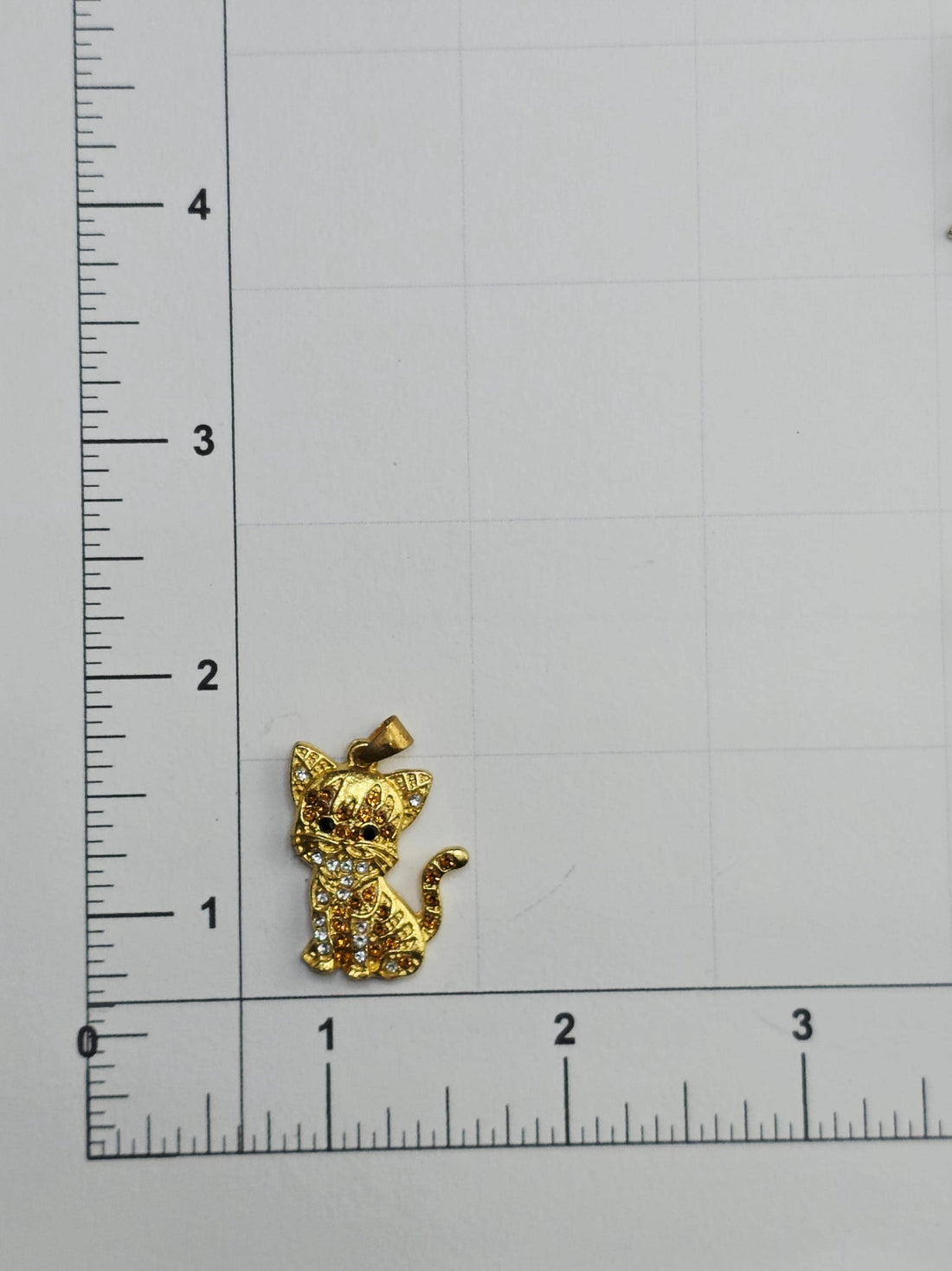 A gold-colored cat pendant is displayed within an ornate, decorative metal frame.
