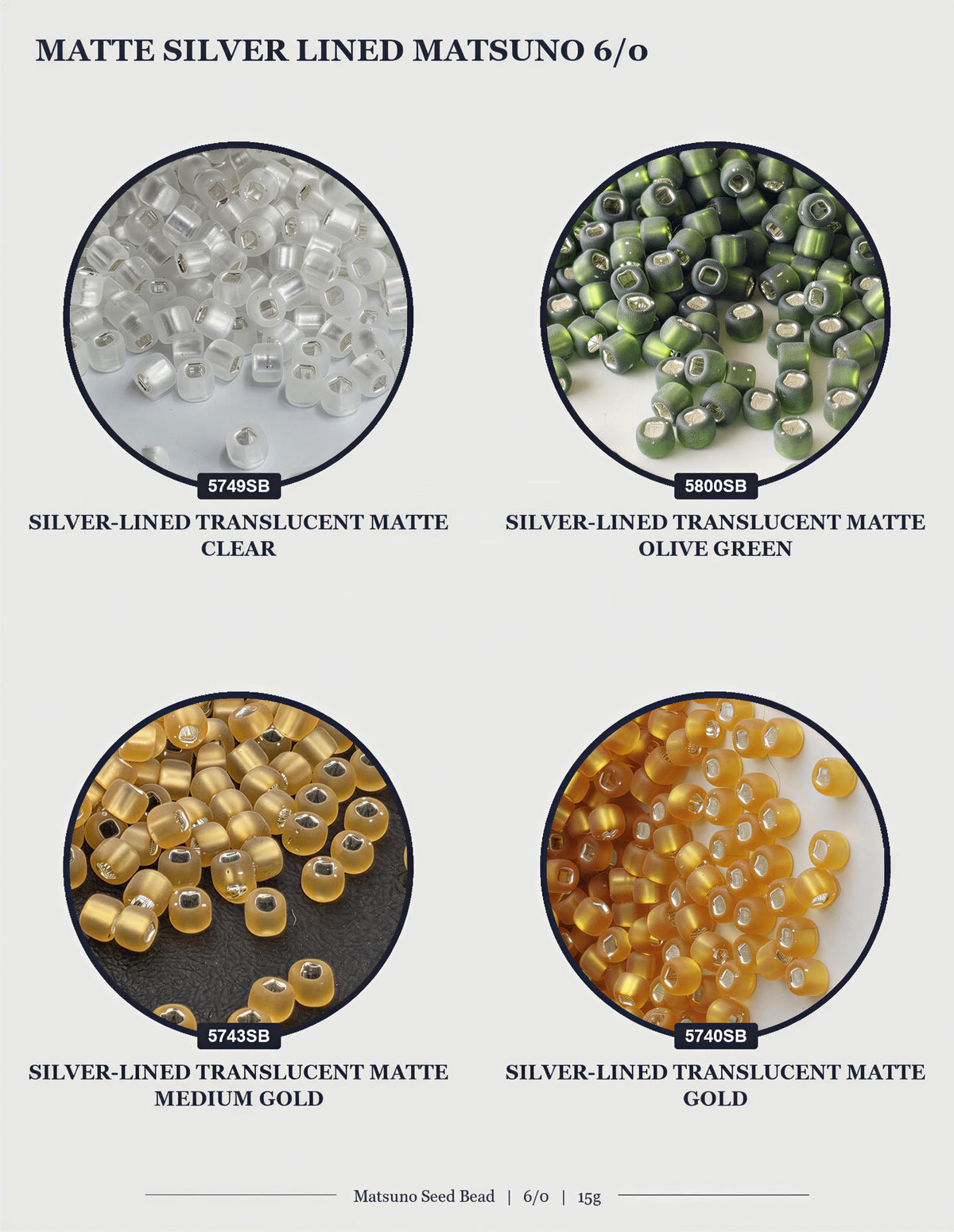 four different types of silver-lined matted beads, each with varying colors and sizes.