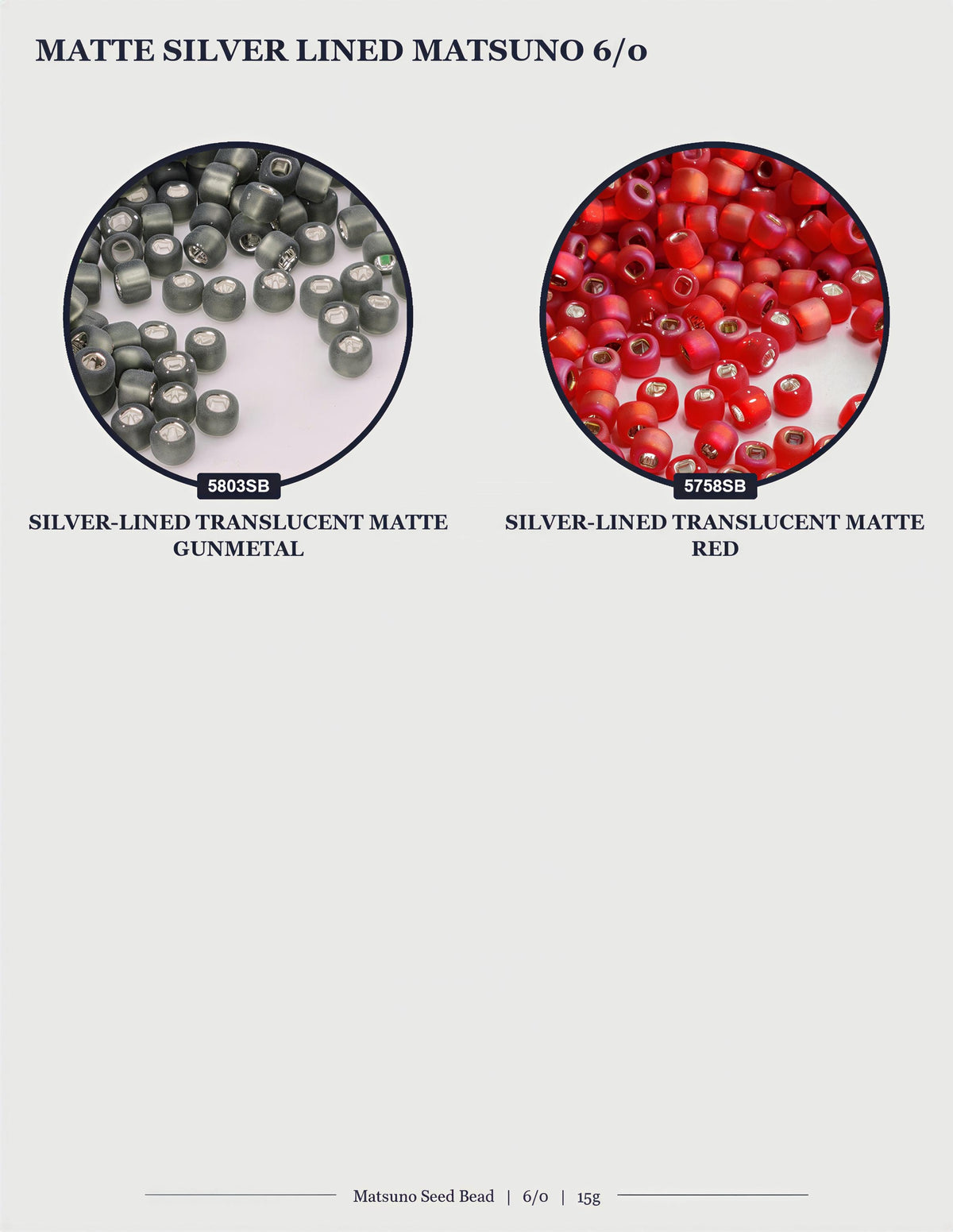 two images: one showing a collection of silver-colored beads and the other showing a collection of red beads.