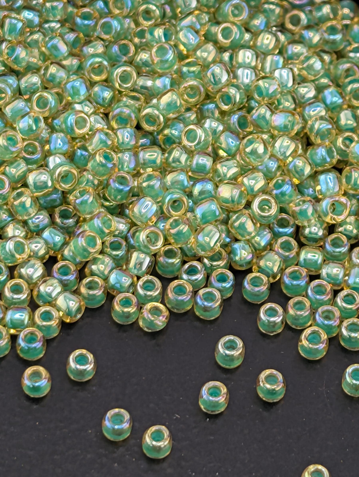 Inside-Color Rainbow Lt Jonquil/Mint-Lined Size 11/0 Toho Round 2.5" tube