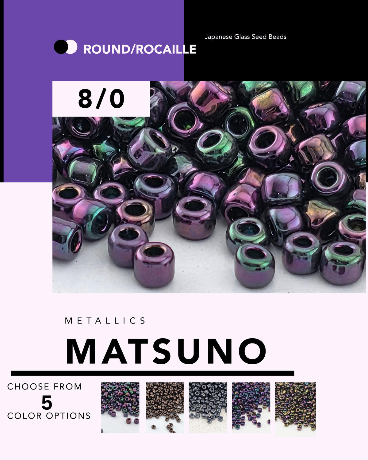 The image is a collage of five images, each depicting a different color of Japanese glass seed beads. The images show the beads in various shades of purple, green, and blue.