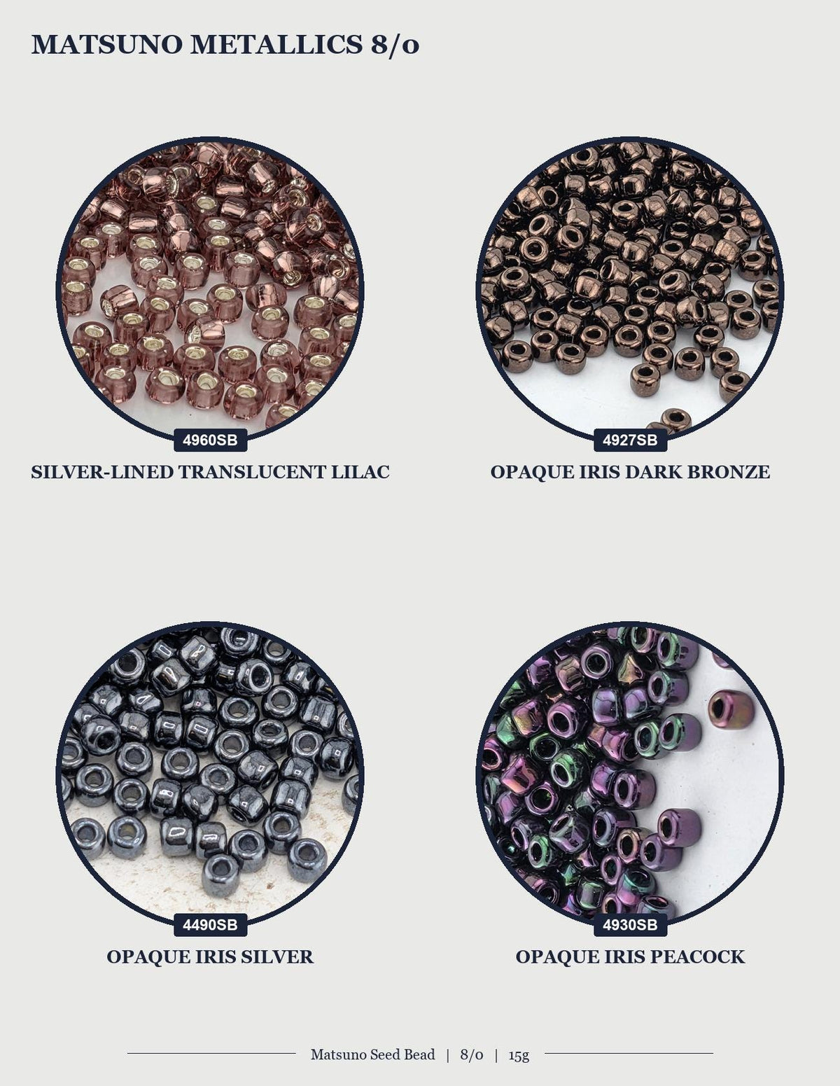 four circular images, each displaying a different type of metal bead. The beads are arranged in a grid-like pattern, with each bead type represented by a distinct color and size.