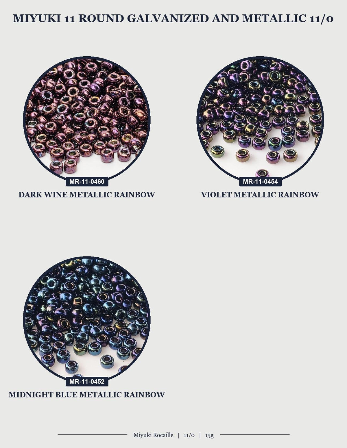 three circular images, each displaying a different type of bead. The beads are described as round, metallic, and have a variety of colors and patterns.