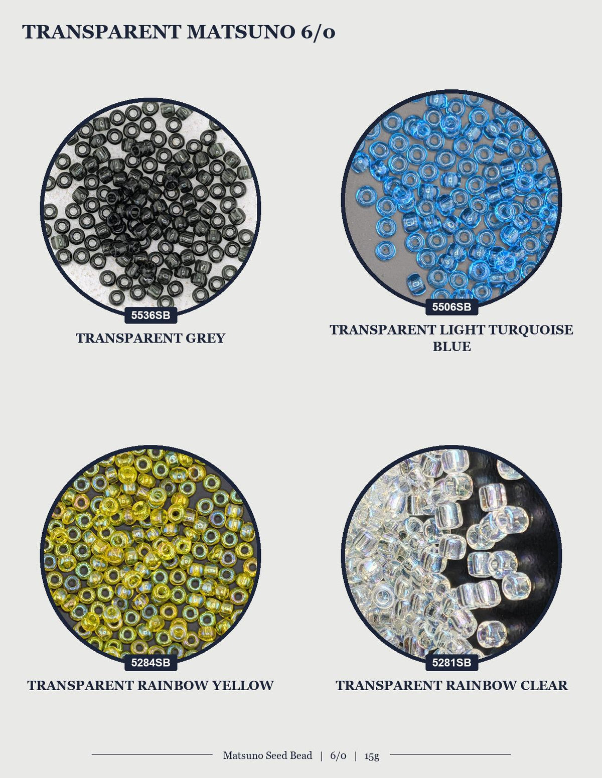 four different images of transparent beads in various colors, including black, grey, blue, and yellow.