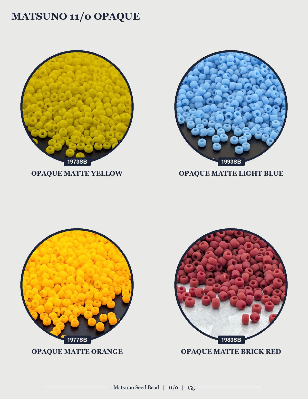 four different colored beads, each with a label indicating the color and the bead type.