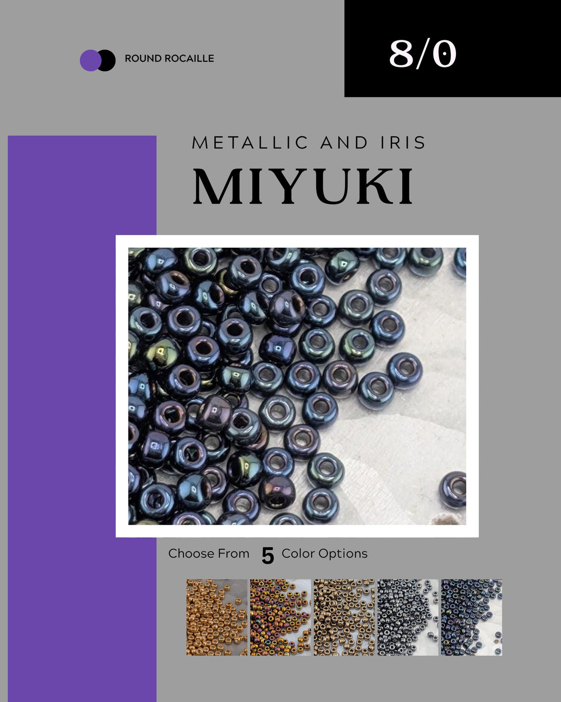 The image is a collage of five different images, each depicting a variety of beads in different colors, including metallic and iridescent beads.
