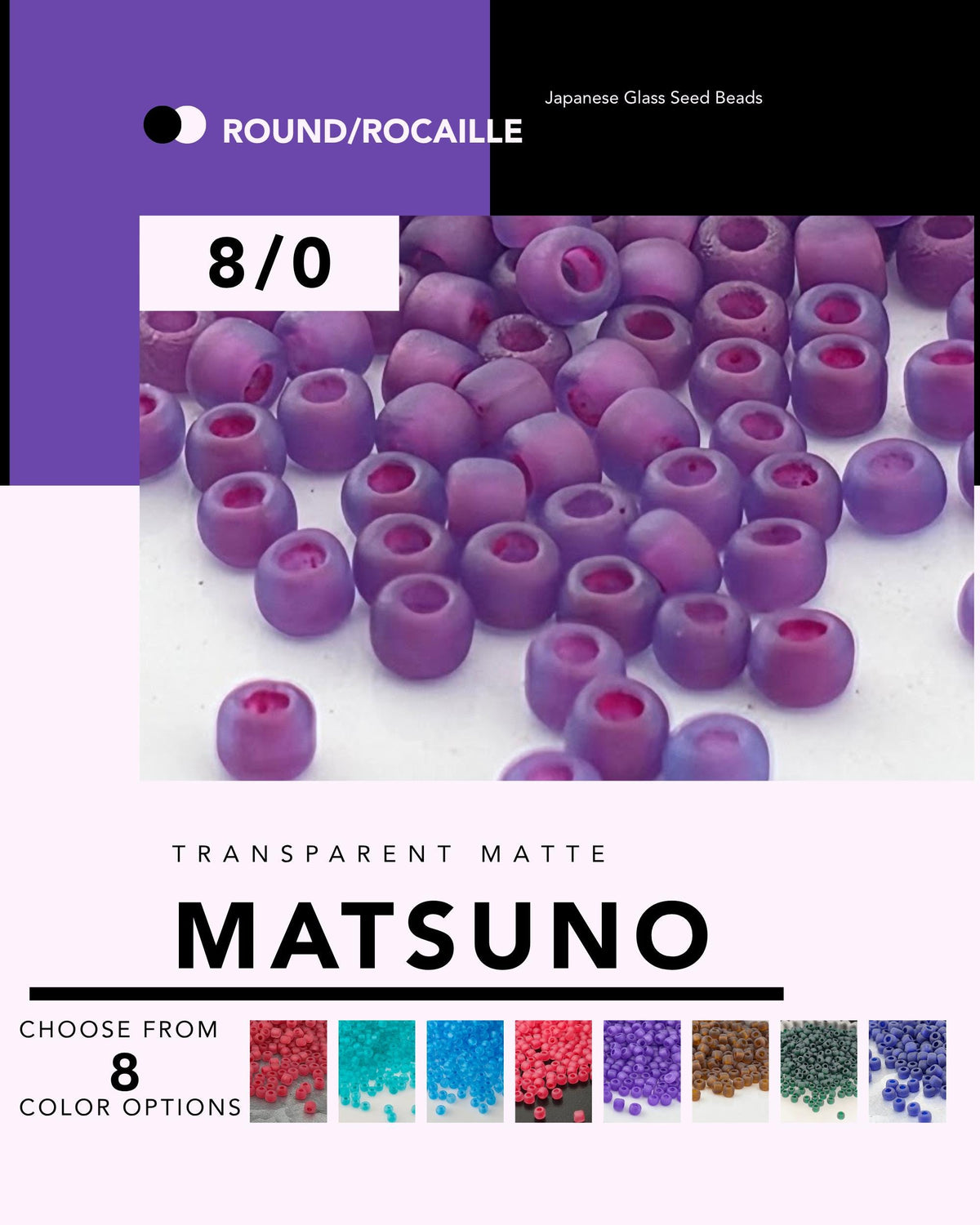 The image is a collage of various Japanese glass seed beads in different colors, including shades of purple, blue, green, and brown.