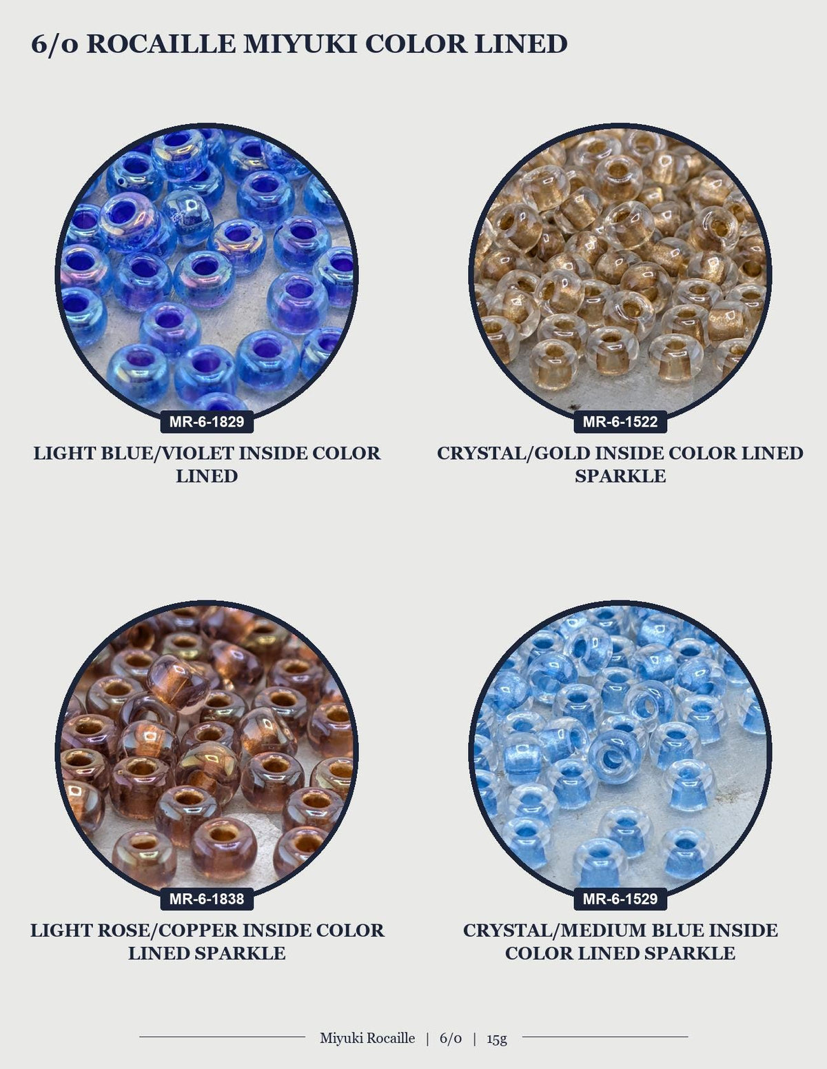 four different types of beads, each with a unique color and texture. The beads are arranged in a grid format, with each row representing a different type of bead and each column representing a different color. The image does not contain any text, and the focus is on the visual presentation of the beads.
