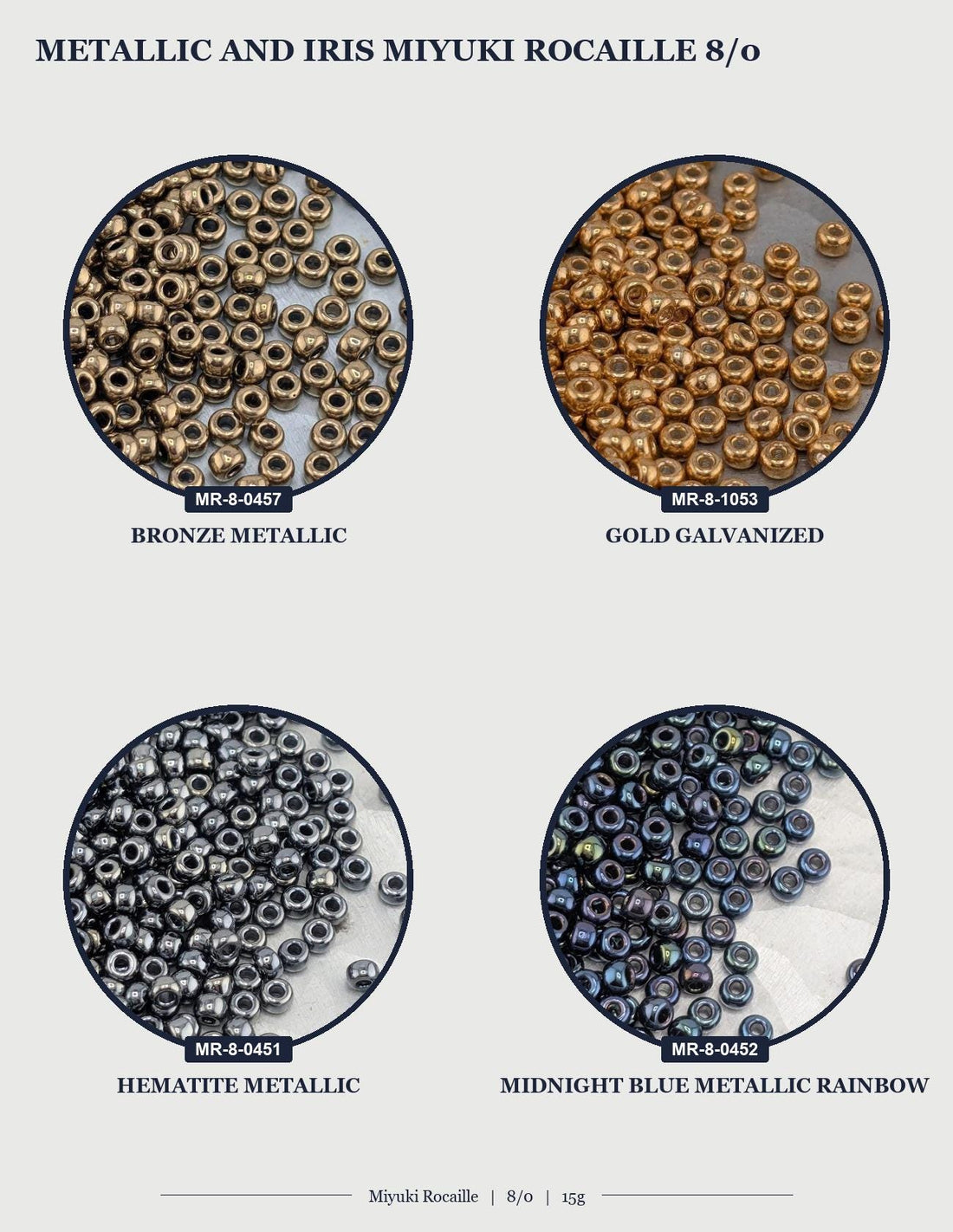 The image is a collage of five different images, each depicting a variety of beads in different colors, including metallic and iridescent beads.