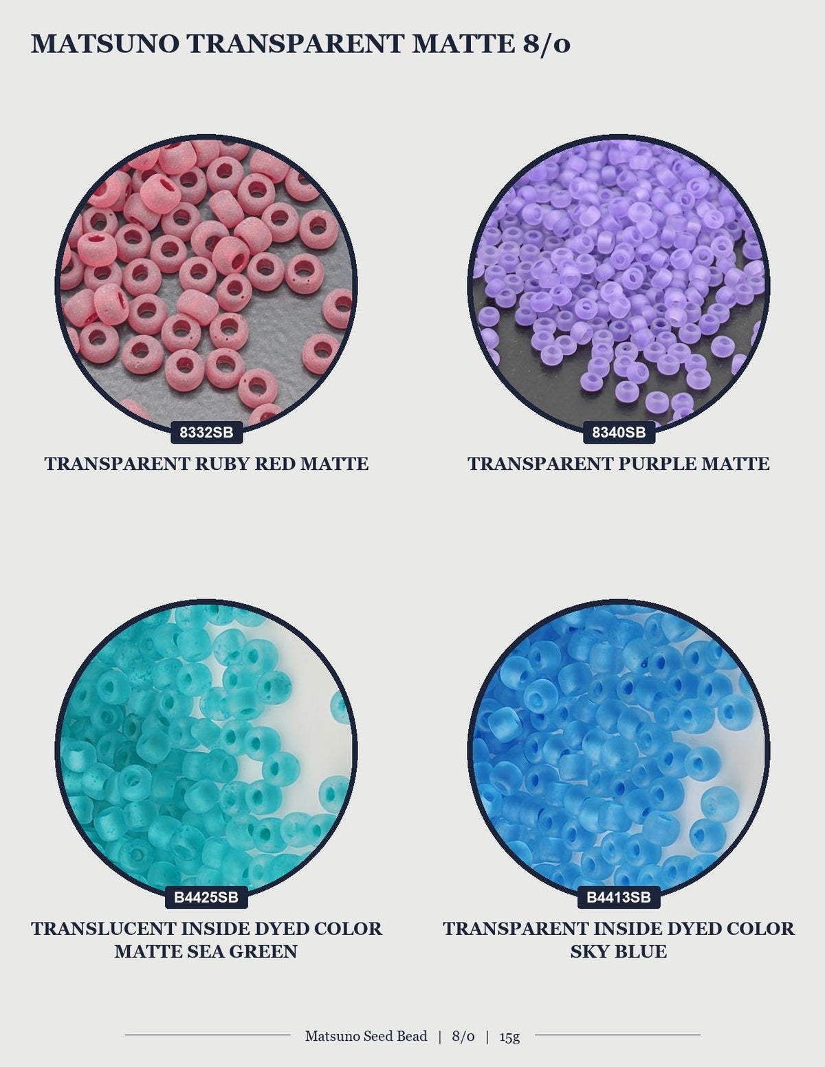 four different images of transparent beads in various colors, including pink, purple, blue, and green.