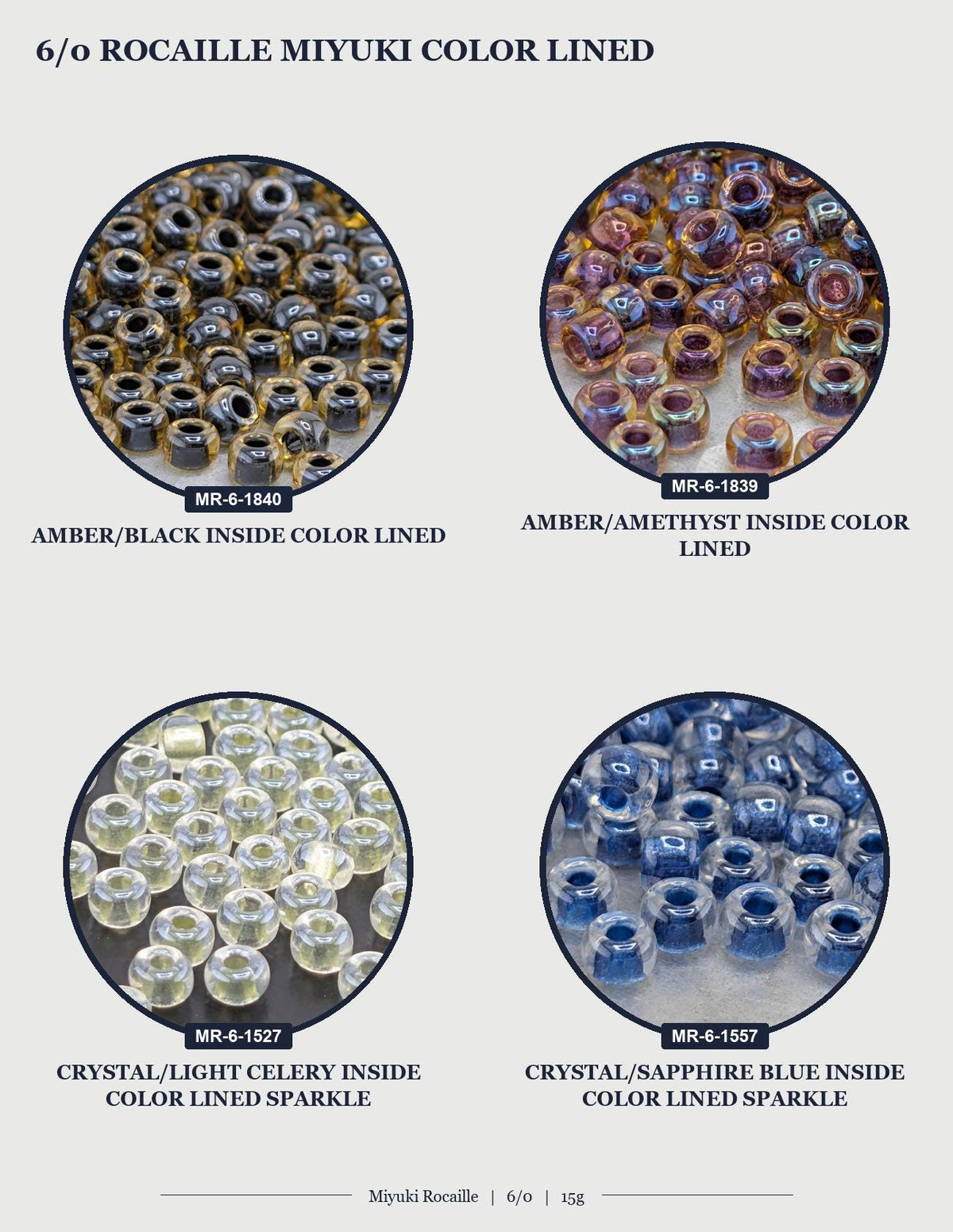 four circular images, each displaying a different colored bead. The beads are arranged in a grid-like pattern, with each row representing a different color lined sparkle. The images show a variety of beads, including those with different colors and patterns, as well as some that appear to be crystal or light celery beads. The image does not contain any text, and the focus is on the visual presentation of the beads.