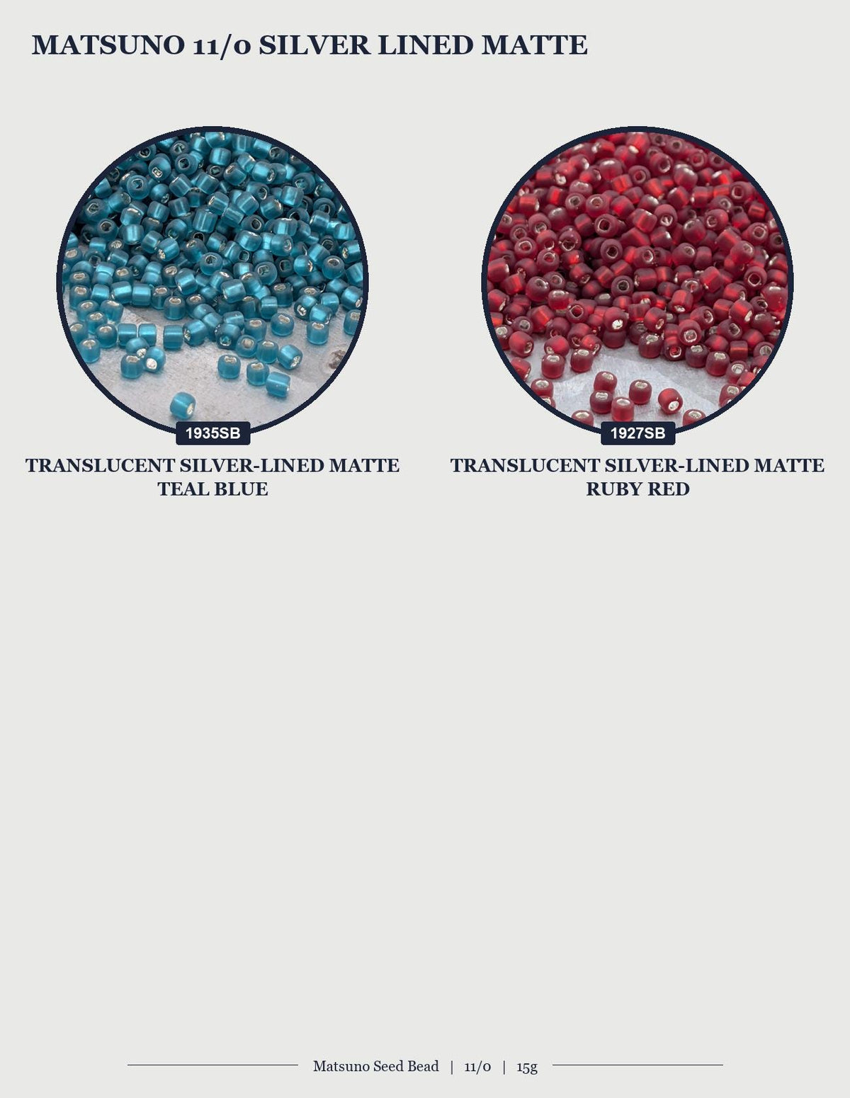 two circles, each containing a collection of beads. The beads are silver-lined and appear to be teal blue and ruby red in color. The image does not contain any text, and the description should not include any unnecessary details or repetition.