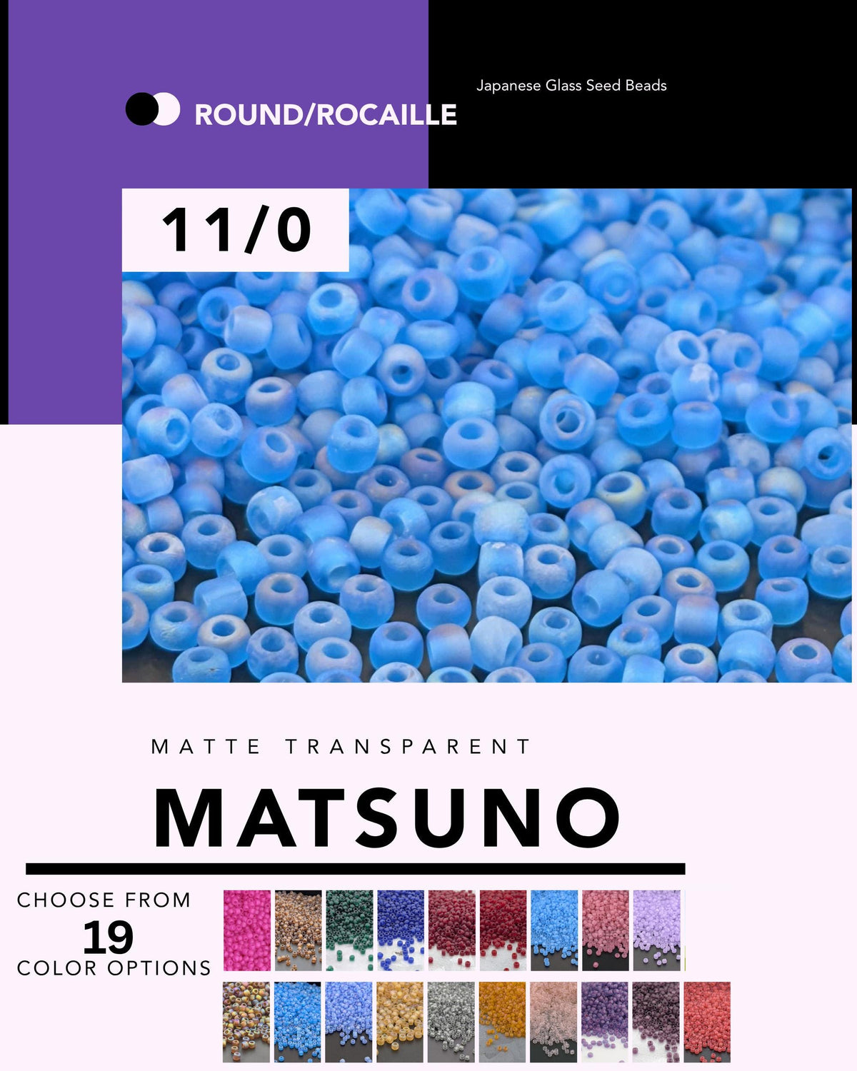 The image is a collage of various shades of blue glass seed beads, with a focus on the color "Matsuno" and the text "MATTE TRANSPARENT" and "MATSUINO" indicating the brand and type of beads.
