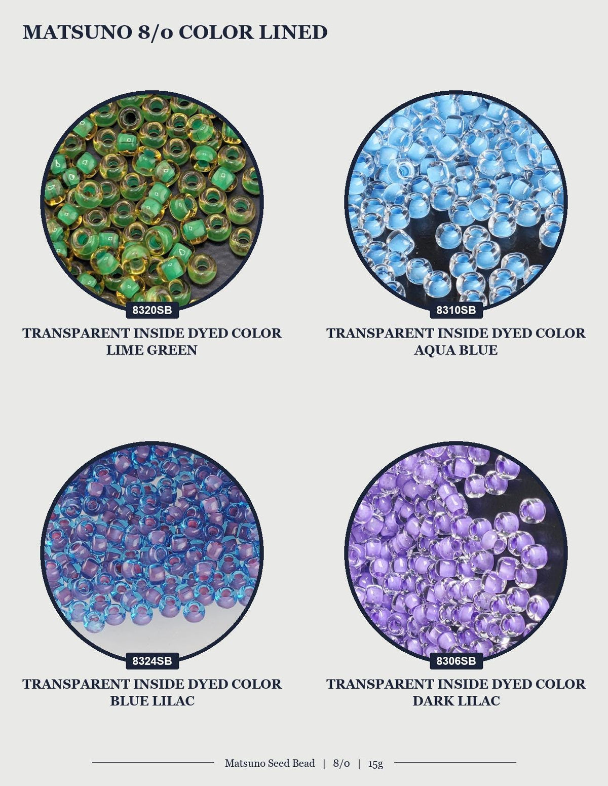 four circular images, each displaying a different colored bead. The beads are arranged in a grid-like pattern, with each row representing a different color and each column representing a different bead type. The images show a variety of colors and bead types, including green, blue, purple, and black beads.