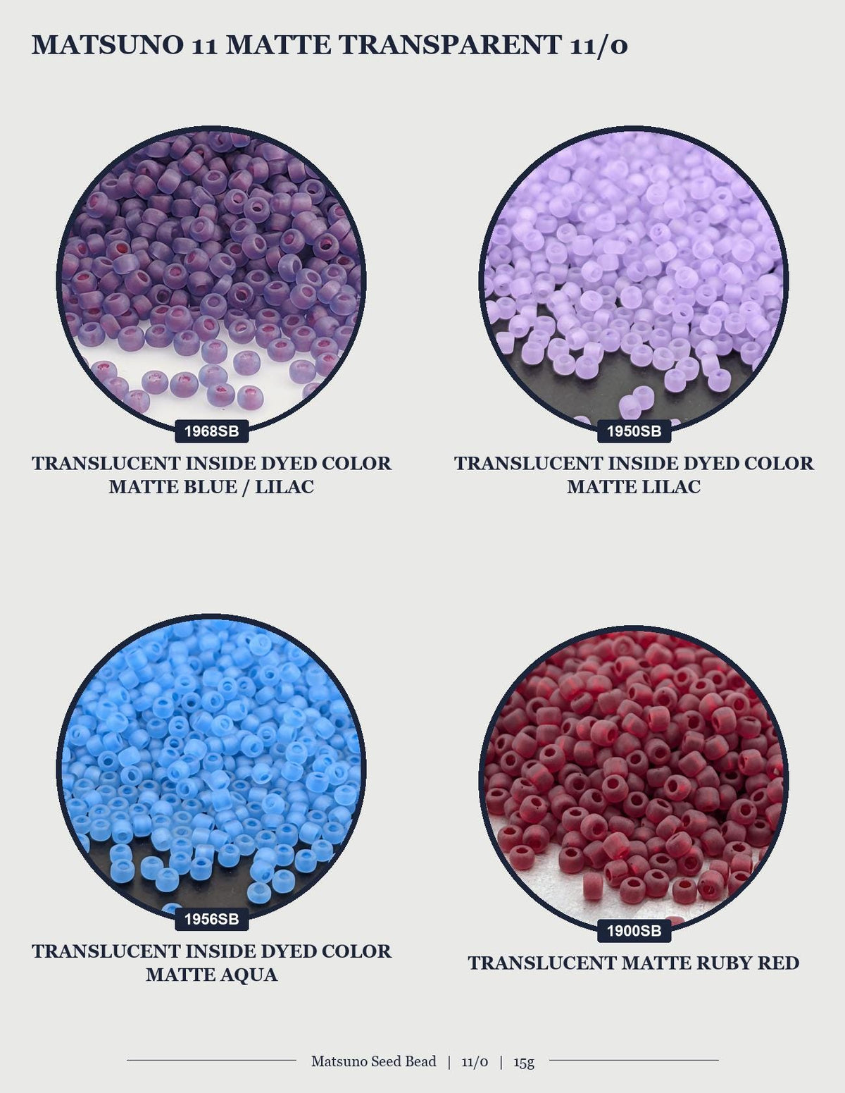 four circular images, each showing a different color of Matsuuno 11 Matte Transparent 11/0 beads. The first image shows purple beads, the second image shows blue beads, the third image shows red beads, and the fourth image shows purple beads.