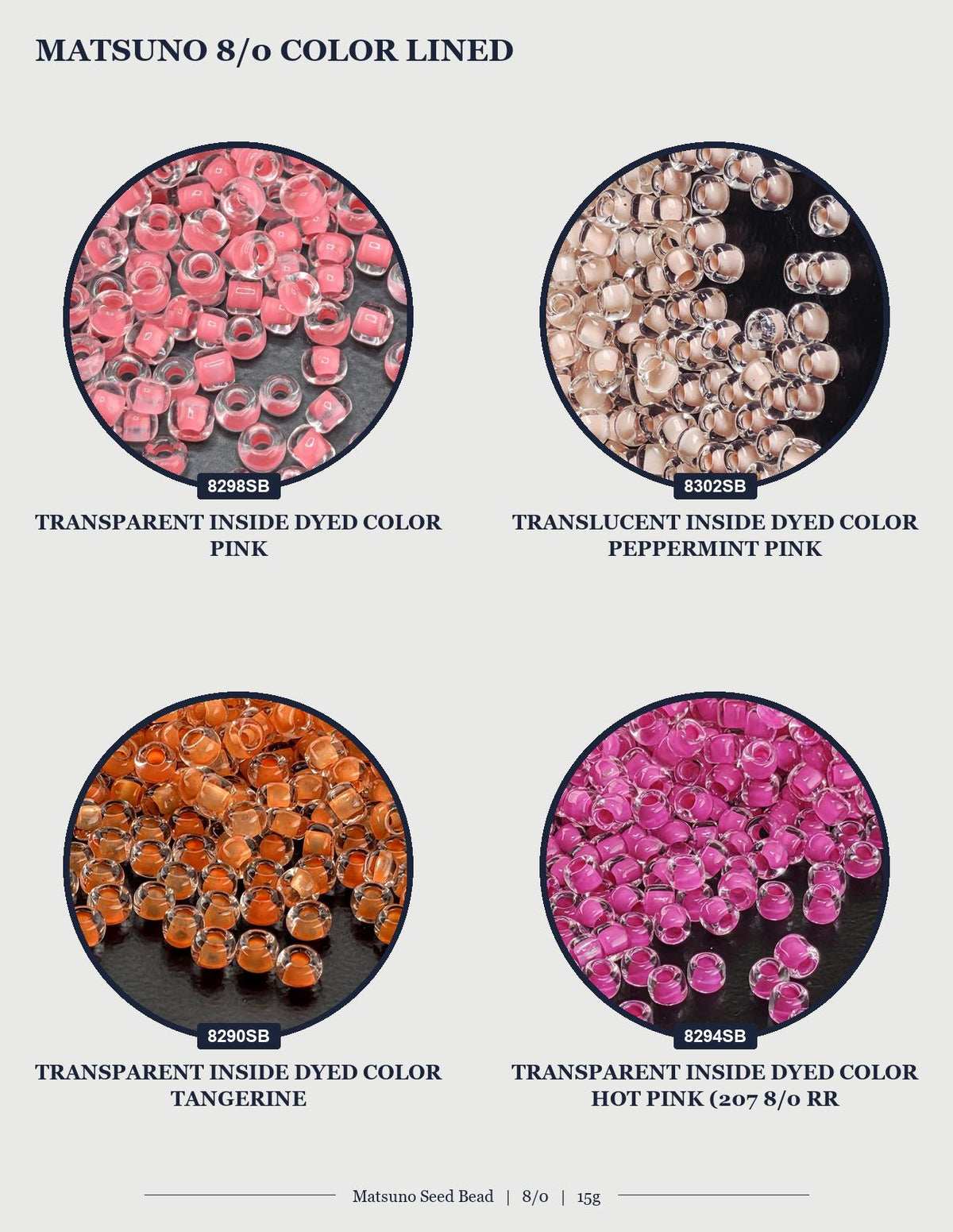 four circular images, each displaying a different colored bead. The beads are transparent, and the colors include pink, orange, and pink.