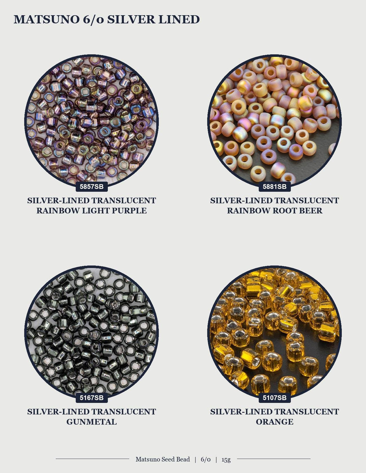 four circular images, each displaying a different type of silver-lined beads. The first image shows a pile of rainbow-colored beads, the second image shows a pile of orange beads, the third image shows a pile of purple beads, and the fourth image shows a pile of black beads.