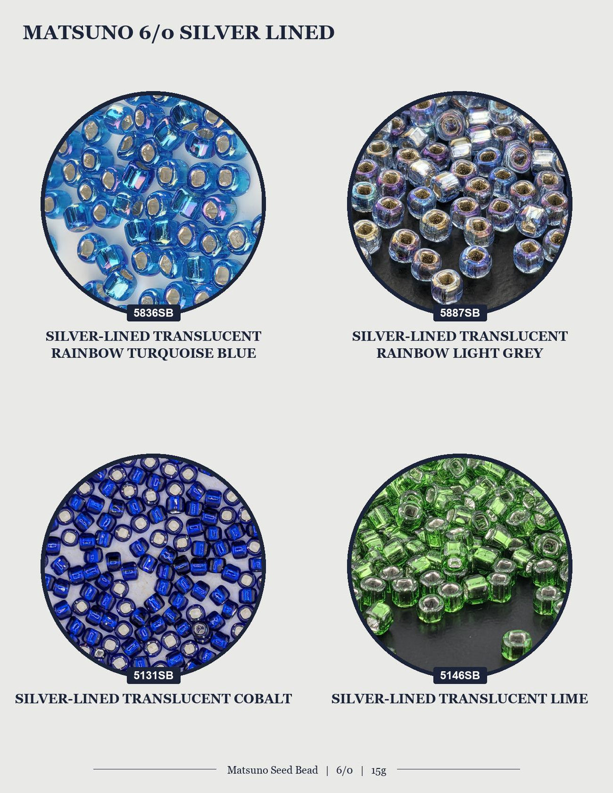 four circular images, each displaying a different type of silver-lined translucent bead. The beads are arranged in a grid-like pattern, with each row representing a different color and each column representing a different type of bead. The image includes a variety of colors and designs, showcasing the versatility and diversity of the silver-lined translucent beads.
